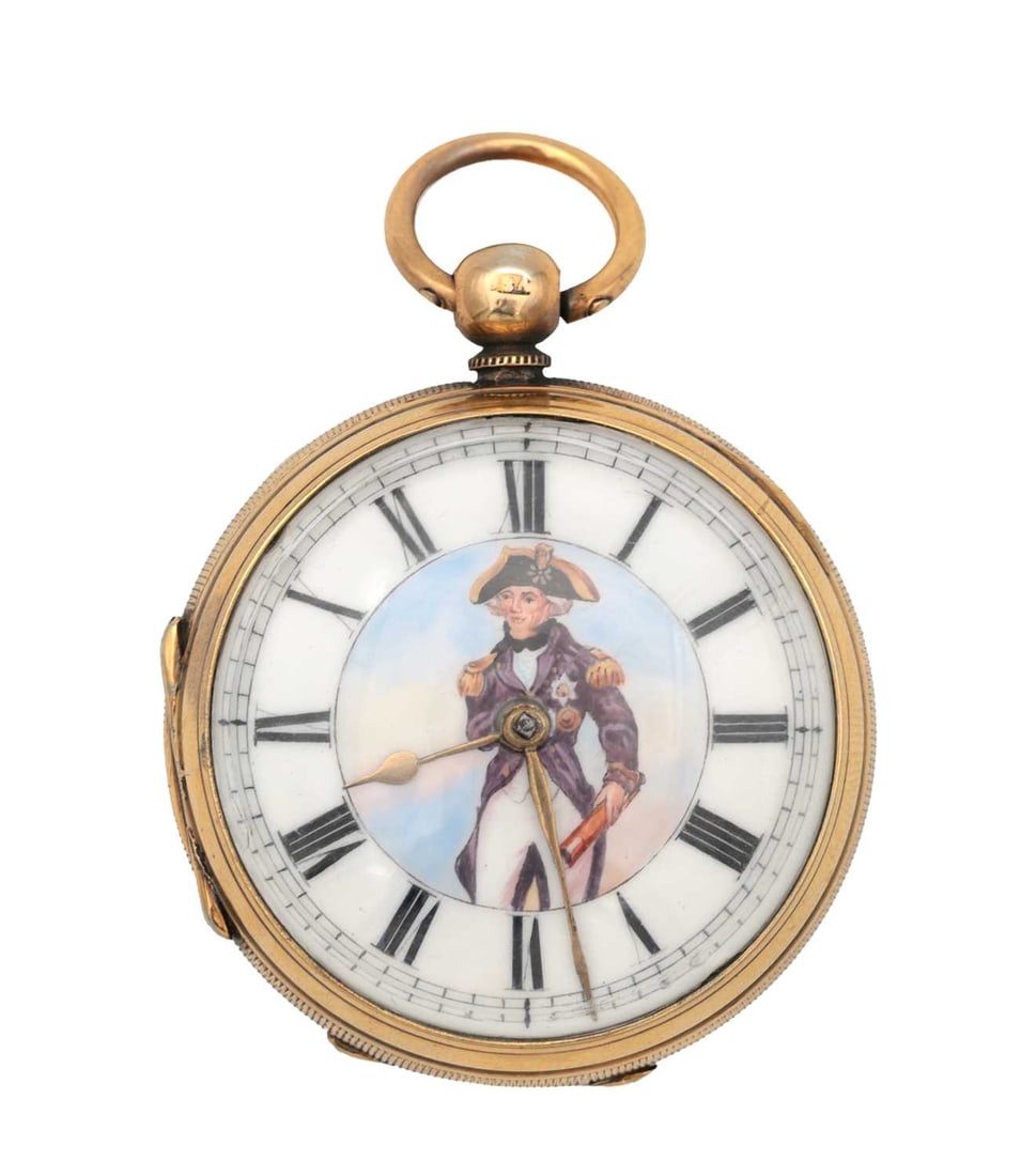 A RARE EARLY 19TH CENTURY ENGLISH SILVER GILT OPEN FACED POCKET WATCH OF LORD NELSON INTEREST: A RARE EARLY 19TH CENTURY ENGLISH SILVER GILT OPEN FACED POCKET WATCH OF LORD NELSON INTEREST the enamel dial with Roman chapter ring surrounding a portrait of Admiral Lord Nelson holding a