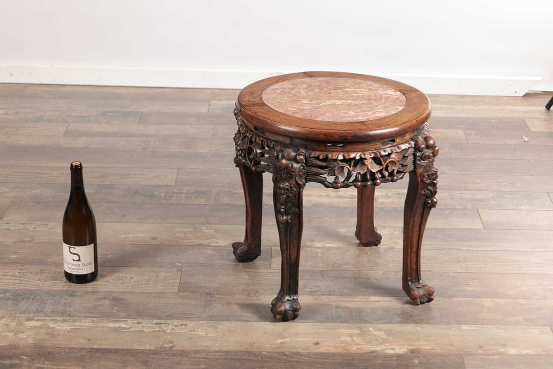 A LATE 19TH CENTURY CHINESE HARDWOOD JARDINIERE STAND WITH ROUGE MARBLE INSET TOP - 3