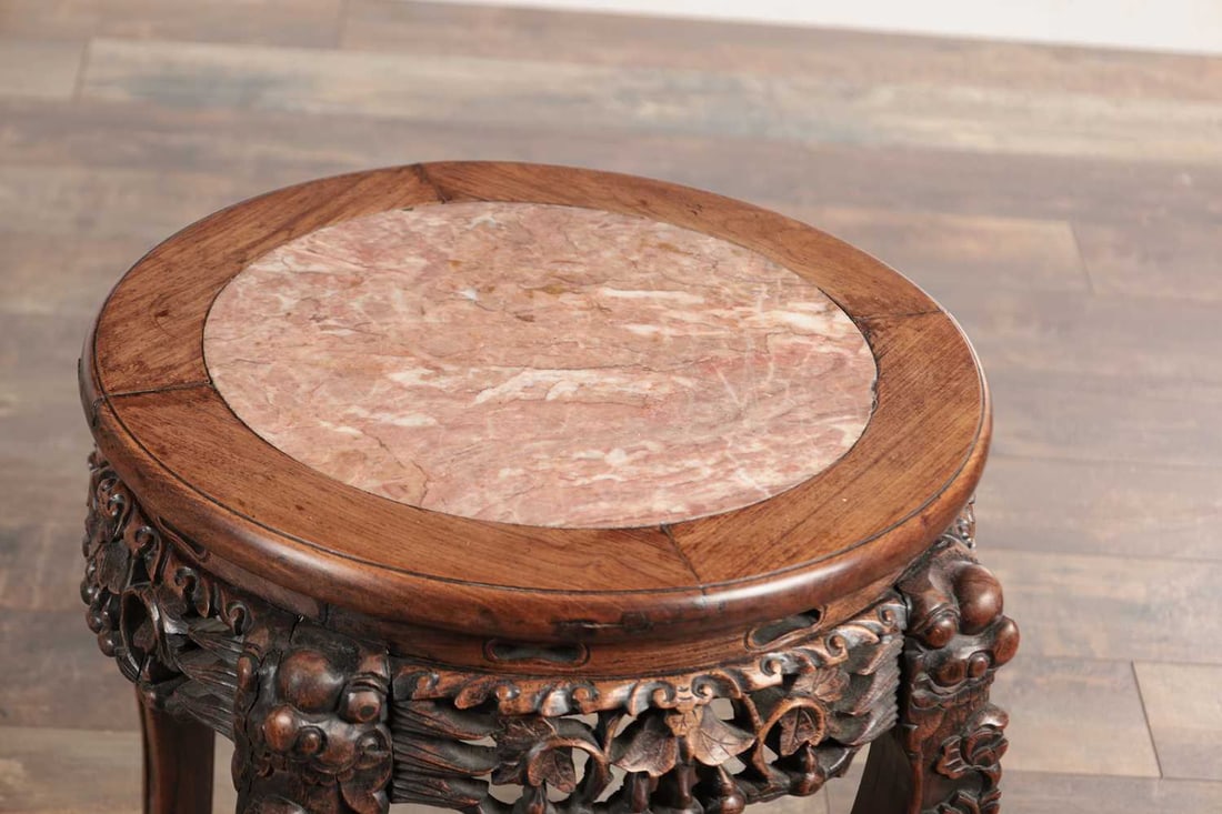A LATE 19TH CENTURY CHINESE HARDWOOD JARDINIERE STAND WITH ROUGE MARBLE INSET TOP - 4