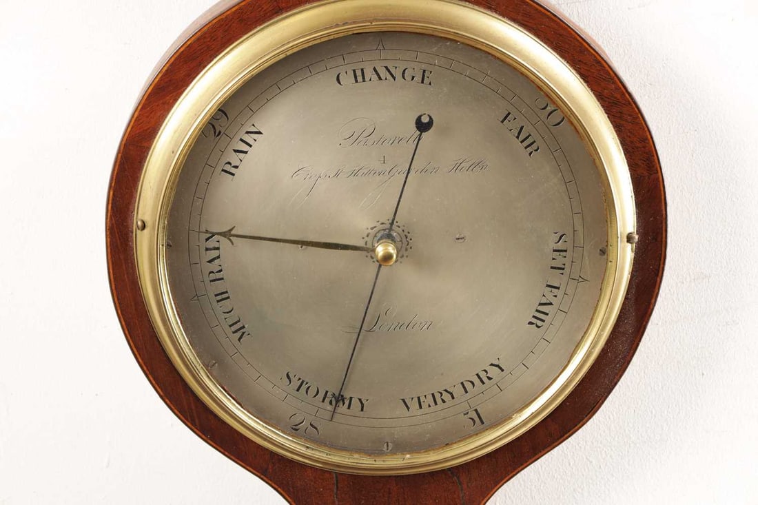 PASTORETTI A GEORGE III INLAID MAHOGANY SHERATON WHEEL BAROMETER - 2