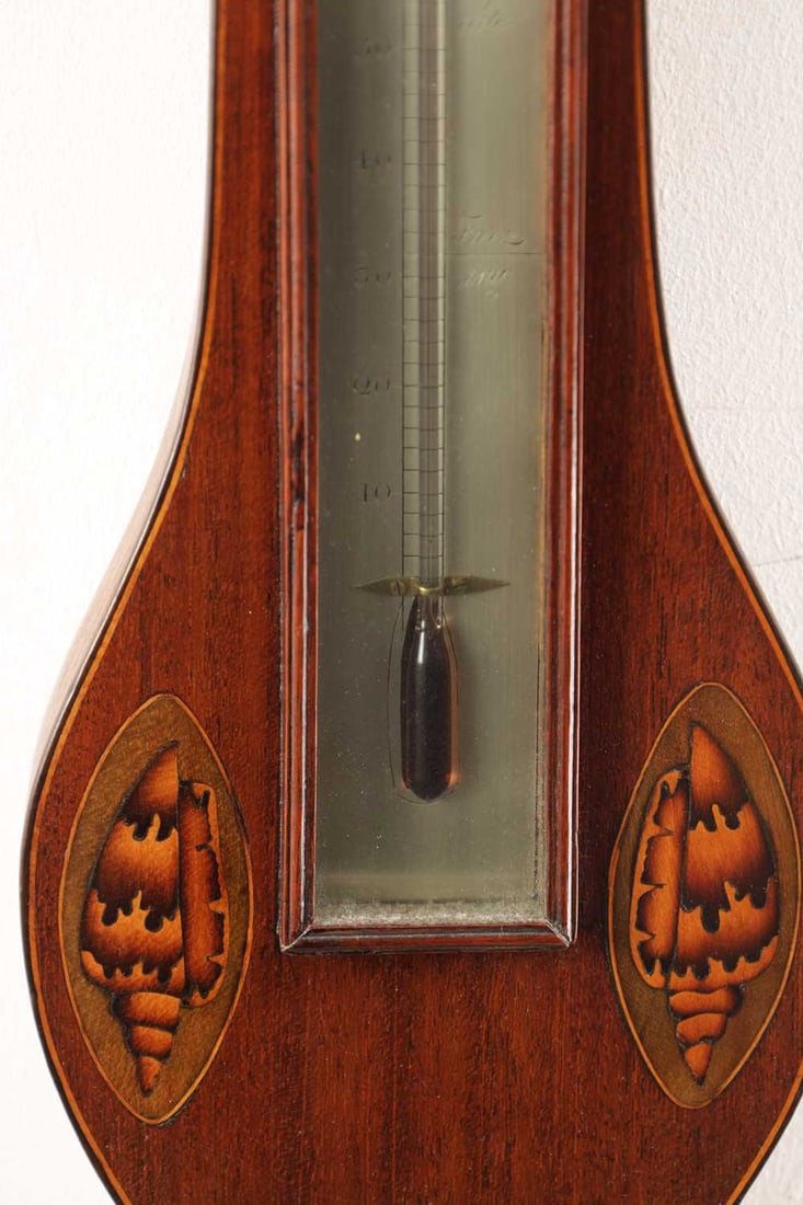 PASTORETTI A GEORGE III INLAID MAHOGANY SHERATON WHEEL BAROMETER - 3