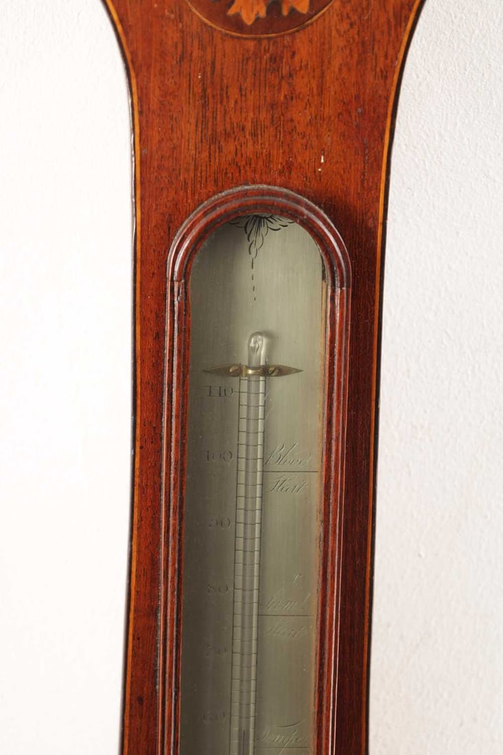 PASTORETTI A GEORGE III INLAID MAHOGANY SHERATON WHEEL BAROMETER - 4
