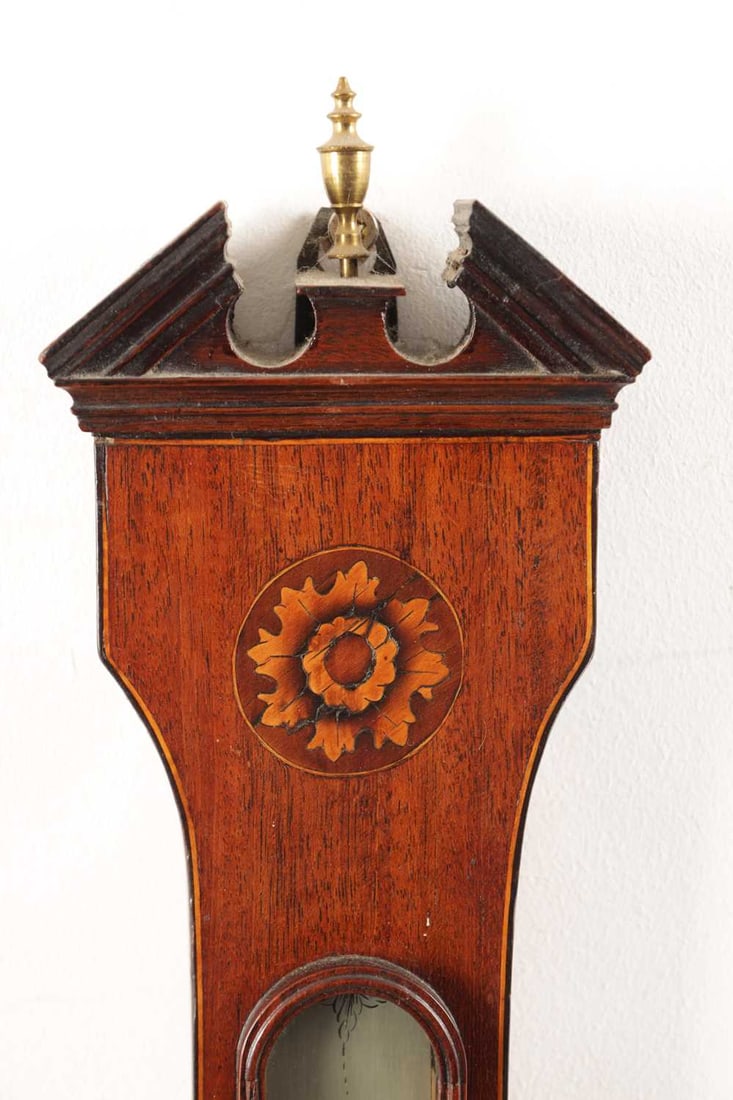 PASTORETTI A GEORGE III INLAID MAHOGANY SHERATON WHEEL BAROMETER - 5