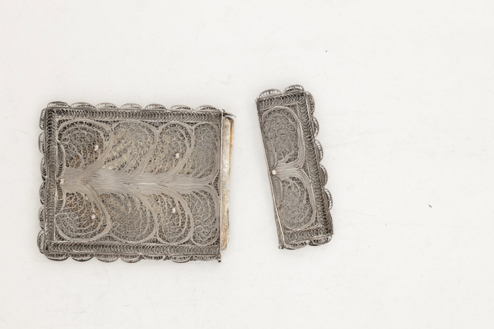 TWO SILVER FILIGREE CARD CASES - 2