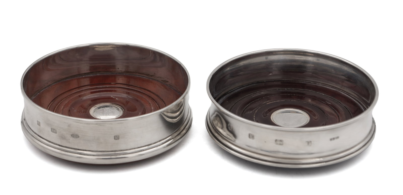 TWO ENGLISH SILVER AND WOOD WINE COASTERS (1 of 5)