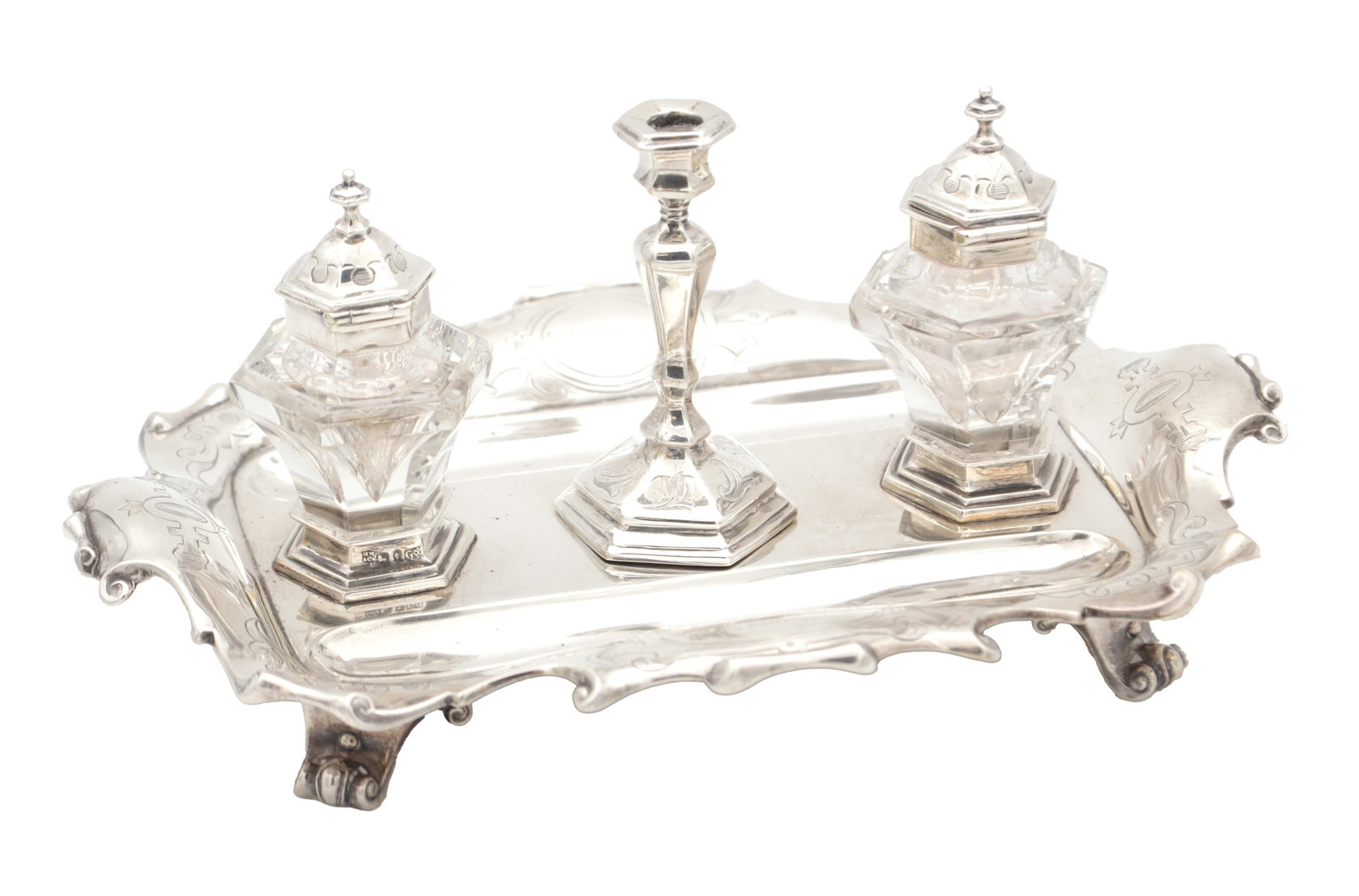 A VICTORIAN ENGLISH SILVER INK STAND WITH CANDLESTICK (1 of 12)