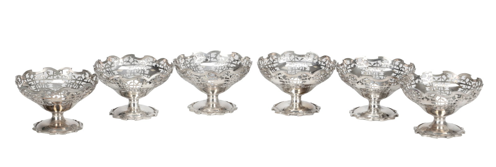 A SET OF SIX MID 20TH CENTURY ENGLISH SILVER PIERCED BON-BON OR DESSERT DISHES (1 of 12)