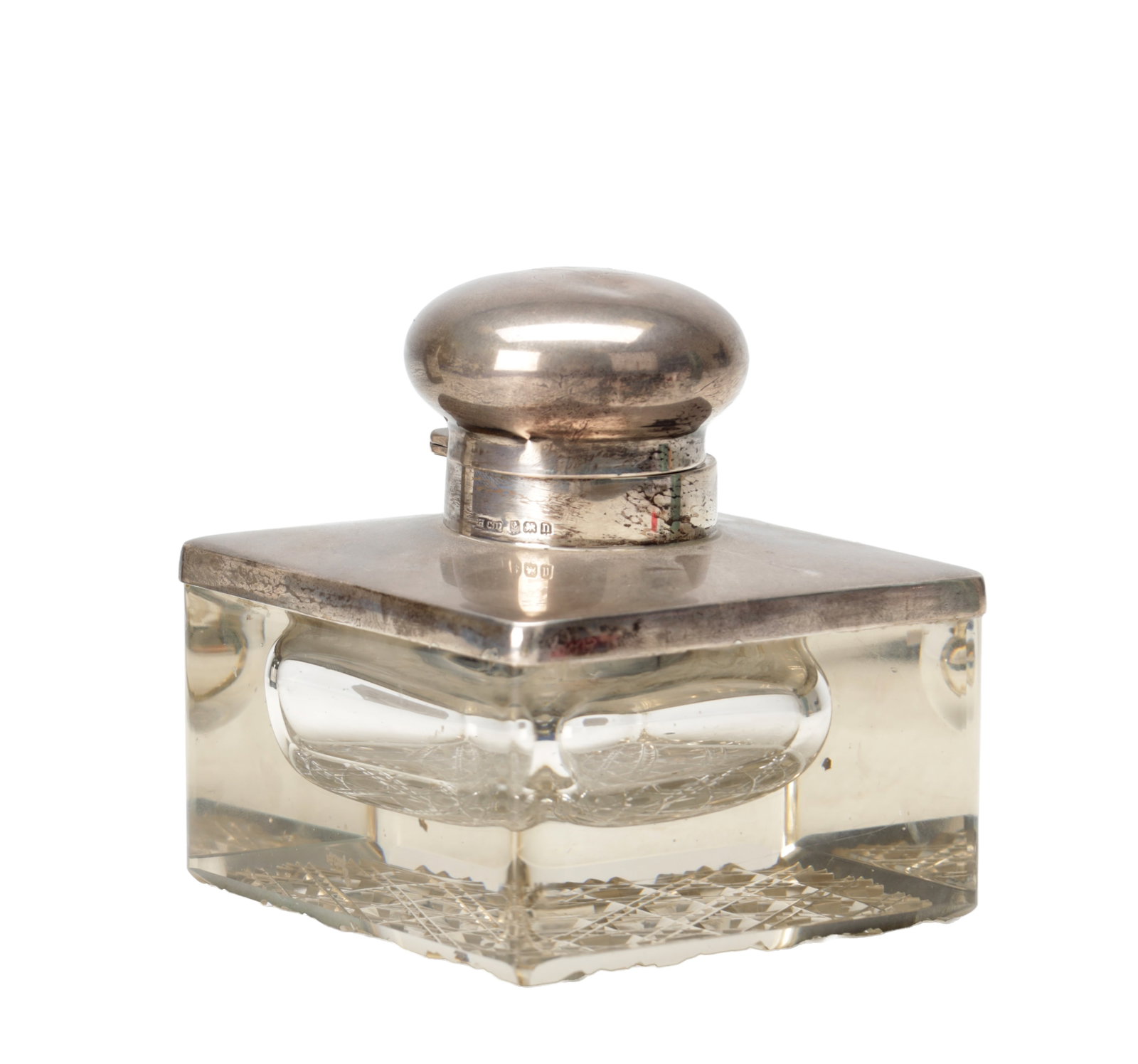 A 1912 ENGLISH SILVER MOUNTED CUT GLASS INKWELL (1 of 6)