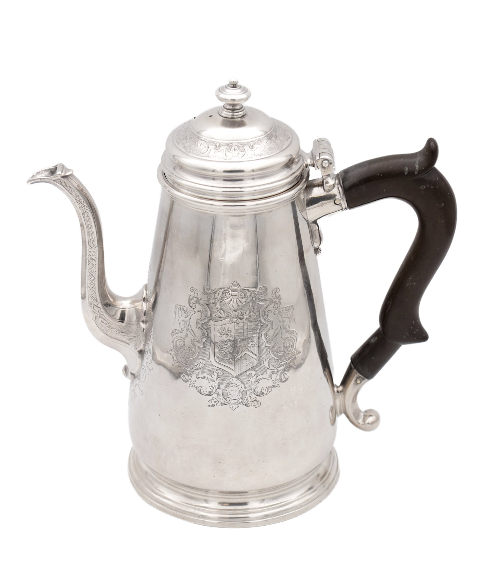 A GEORGE II ENGLISH SILVER COFFEE POT: A GEORGE II ENGLISH SILVER COFFEE POT of tapering cylindrical form with domed cover and baluster finial, scroll spout and ebonised scroll handle, engraved with an armorial, on a stepped foot, London 1