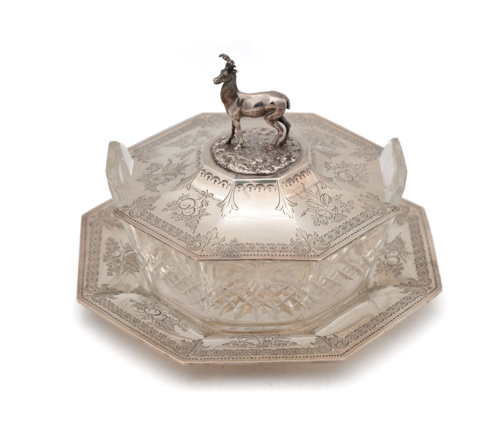 A VICTORIAN ENGLISH SILVER AND CUT GLASS SERVING DISH WITH CAST STAG FINIAL (1 of 9)