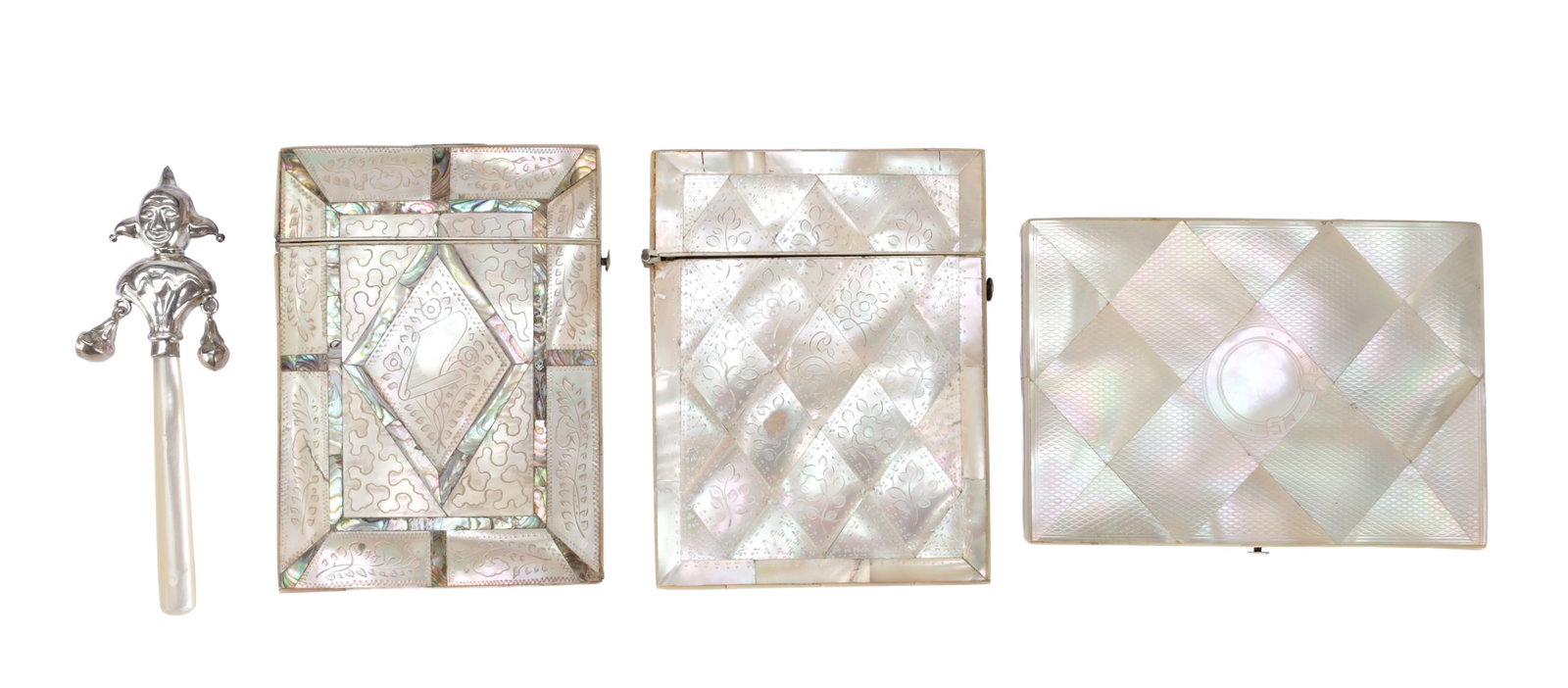 A COLLECTION OF MOTHER OF PEARL PIECES: A COLLECTION OF MOTHER OF PEARL PIECES comprising a mother of pearl and abalone shell card case, a mother of pearl card case inscribed to Miss N Glaister, a further mother of pearl card case, and a