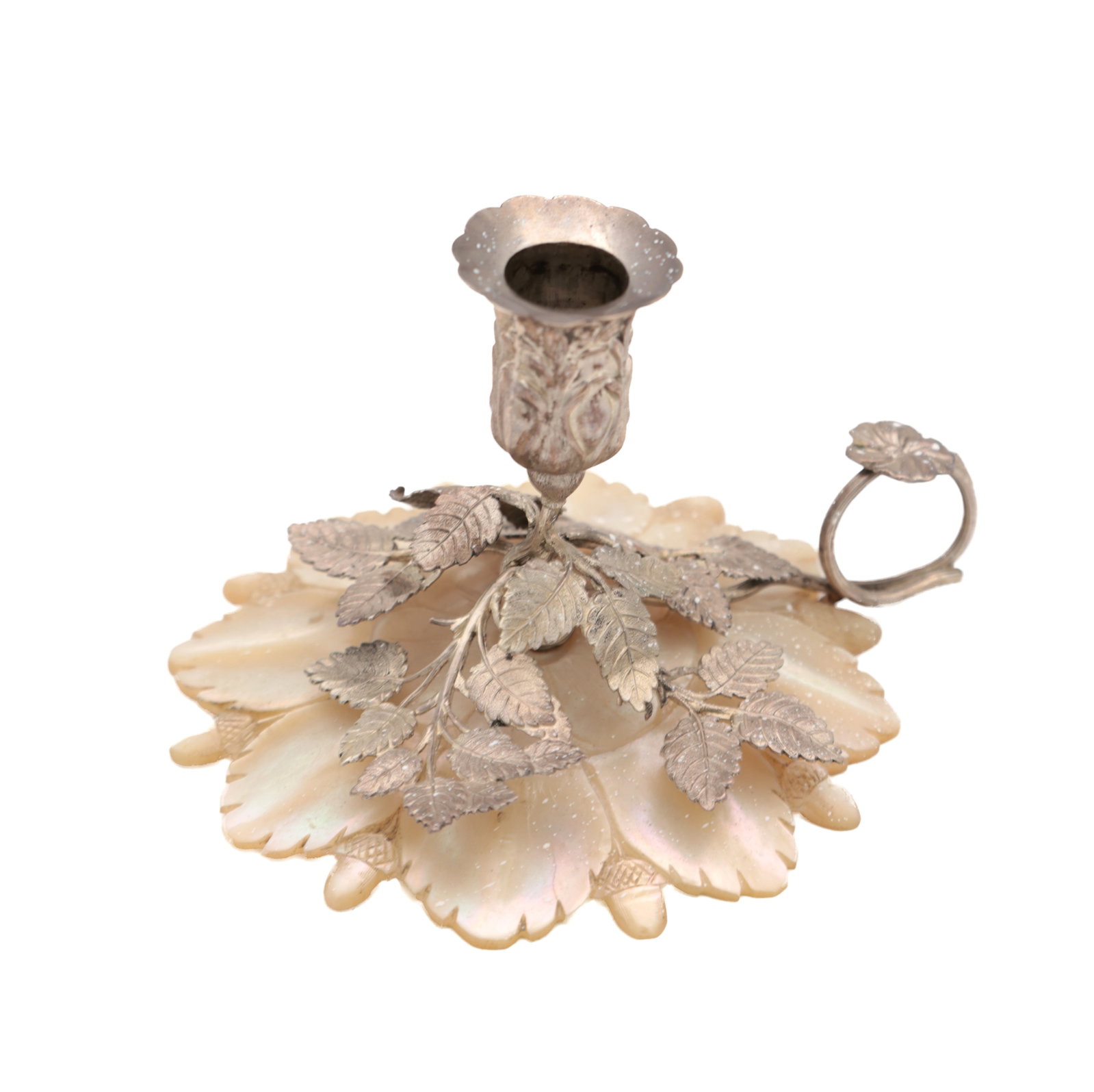 A 20TH CENTURY SILVER AND MOTHER OF PEARL CHAMBERSTICK: A 20TH CENTURY SILVER AND MOTHER OF PEARL CHAMBERSTICK of leaf-carved mother of pearl base with applied silver foliate branches rising to a scalloped sconce, the ring handle with leaf thumbpiece.