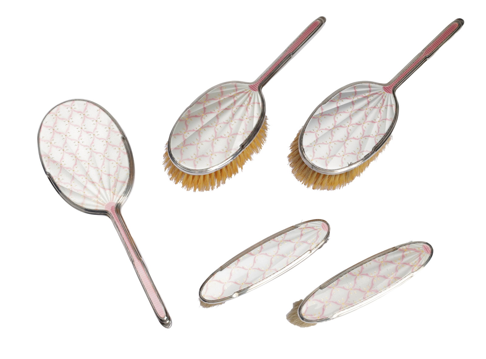AN ART DECO ENGLISH SILVER AND GUILLOCHE ENAMEL DRESSING TABLE SET: AN ART DECO ENGLISH SILVER AND GUILLOCHE ENAMEL DRESSING TABLE SET comprising two hair brushes, a hand-held mirror and two clothes brushes all hallmarked Birmingham 1938 by Albert Carter, the enamel