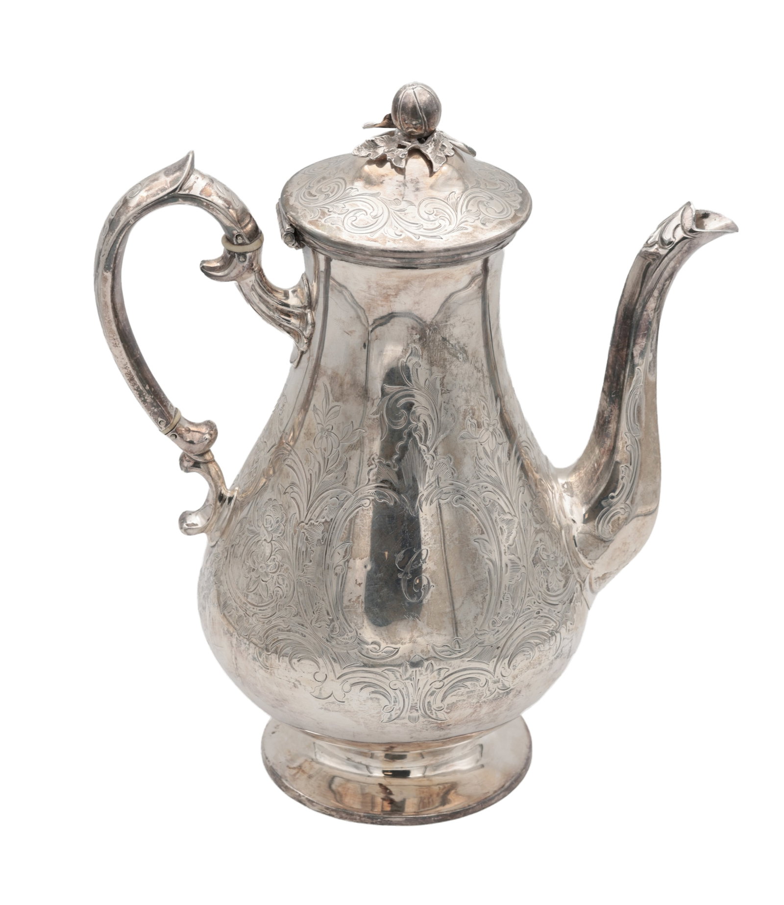 AN EARLY VICTORIAN ENGLISH SILVER ENGRAVED TEAPOT (1 of 8)