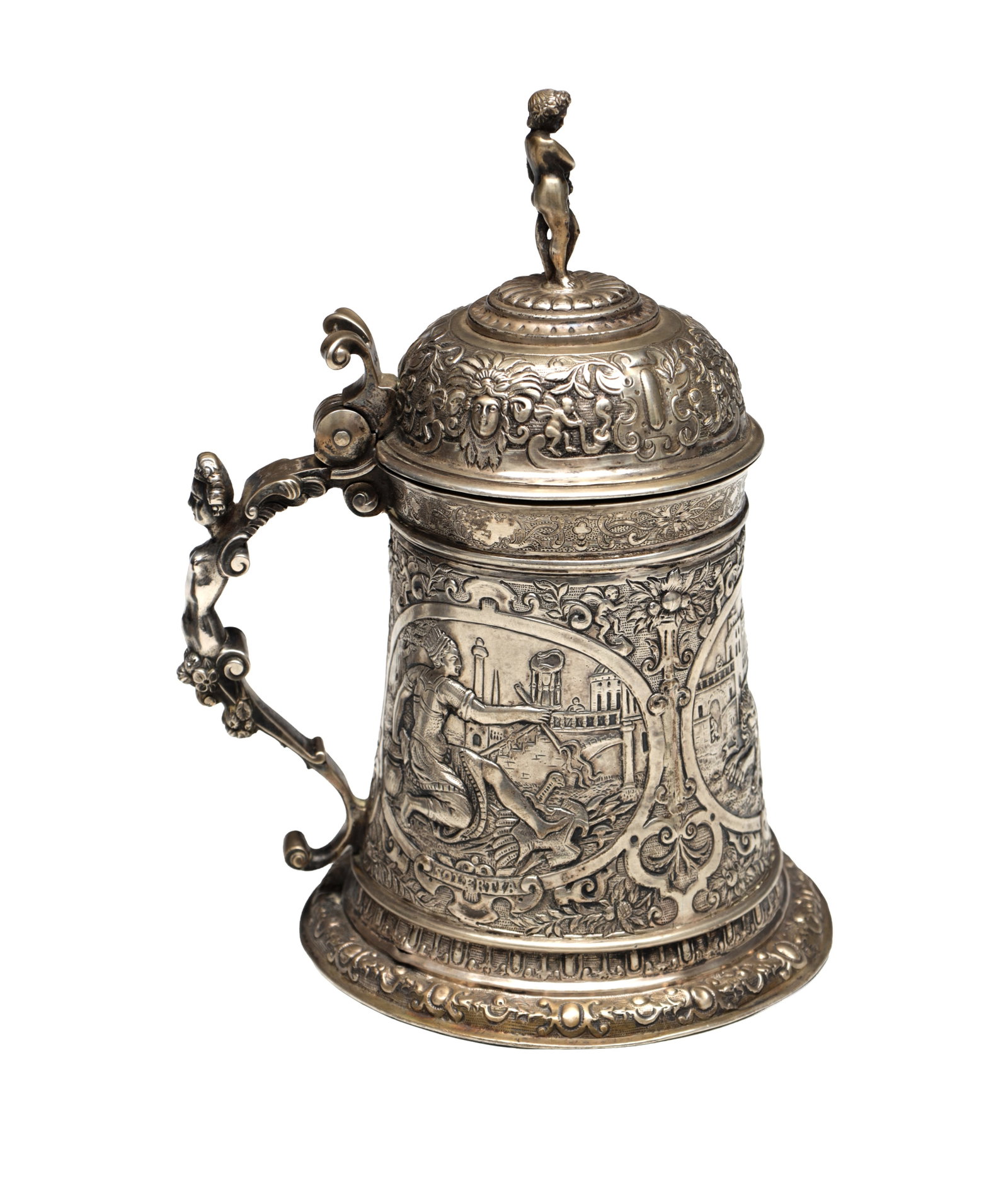 A CONTINENTAL SILVER LIDDED TANKARD WITH FIGURAL FINIAL (1 of 12)