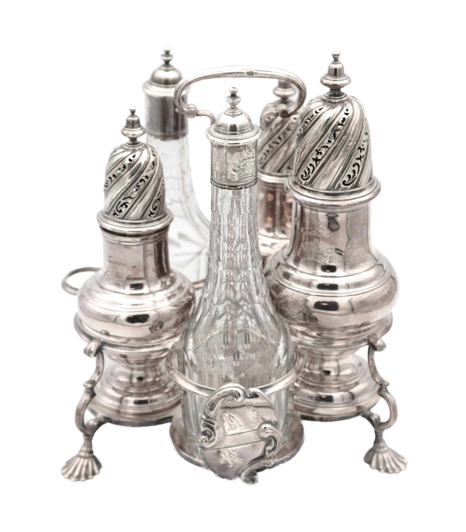 A GEORGE II ENGLISH SILVER CRUET SET: A GEORGE II ENGLISH SILVER CRUET SET the stand hallmarked London 1742 by George Hindmarsh, with three baluster casters and two cut glass bottles with silver mounts hallmarked London 1744 by the same, 