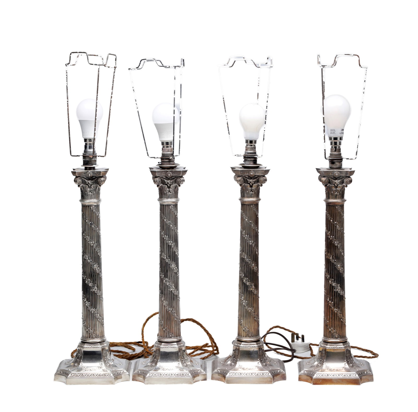 A SET OF FOUR LATE 20TH CENTURY ENGLISH SILVER CORINTHIAN COLUMN TABLE LAMPS (1 of 15)