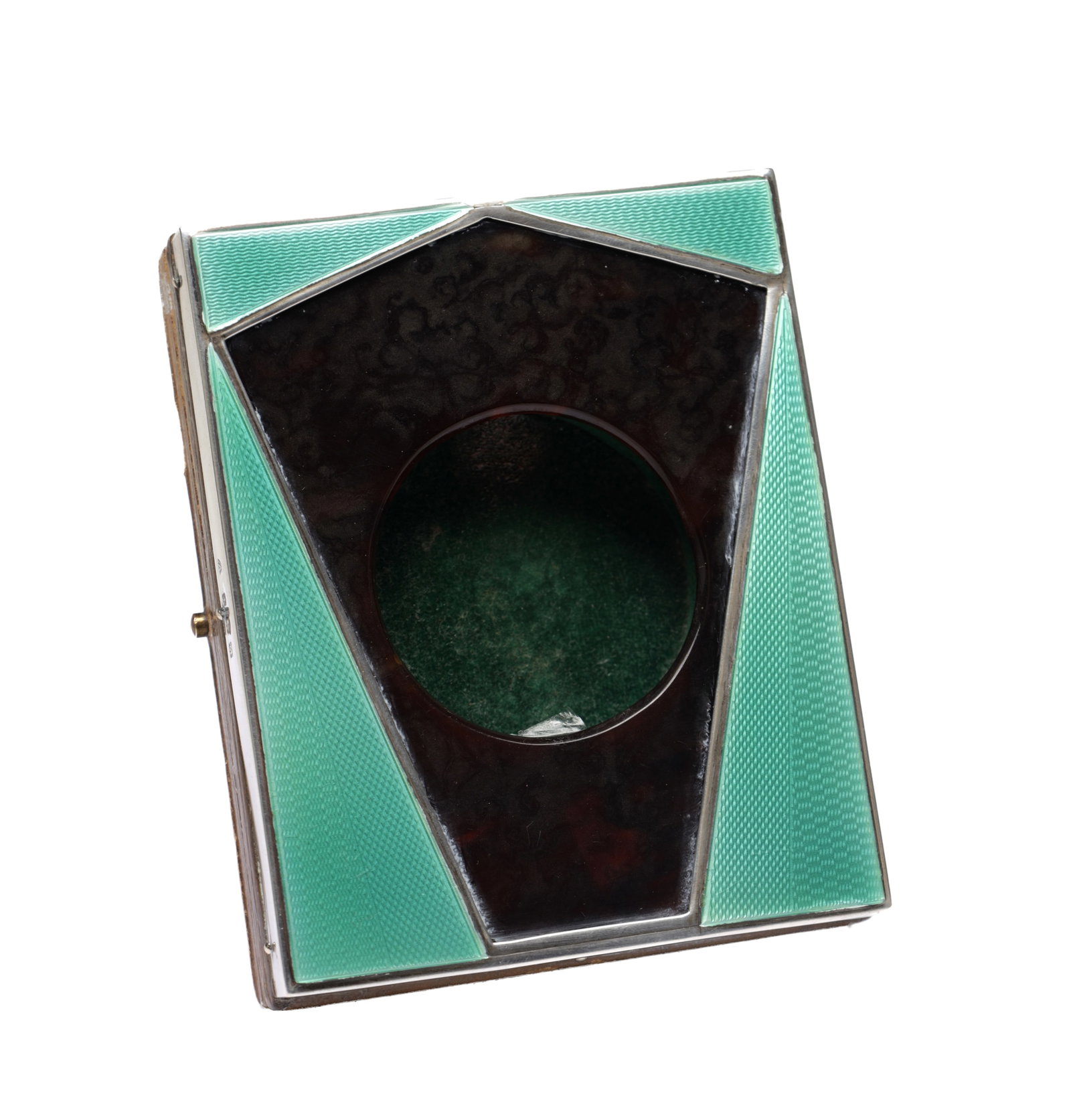 AN ART DECO ENGLISH SILVER MOUNTED TORTOISESHELL AND GUILLOCHE ENAMEL POCKET WATCH HOLDER (1 of 7)