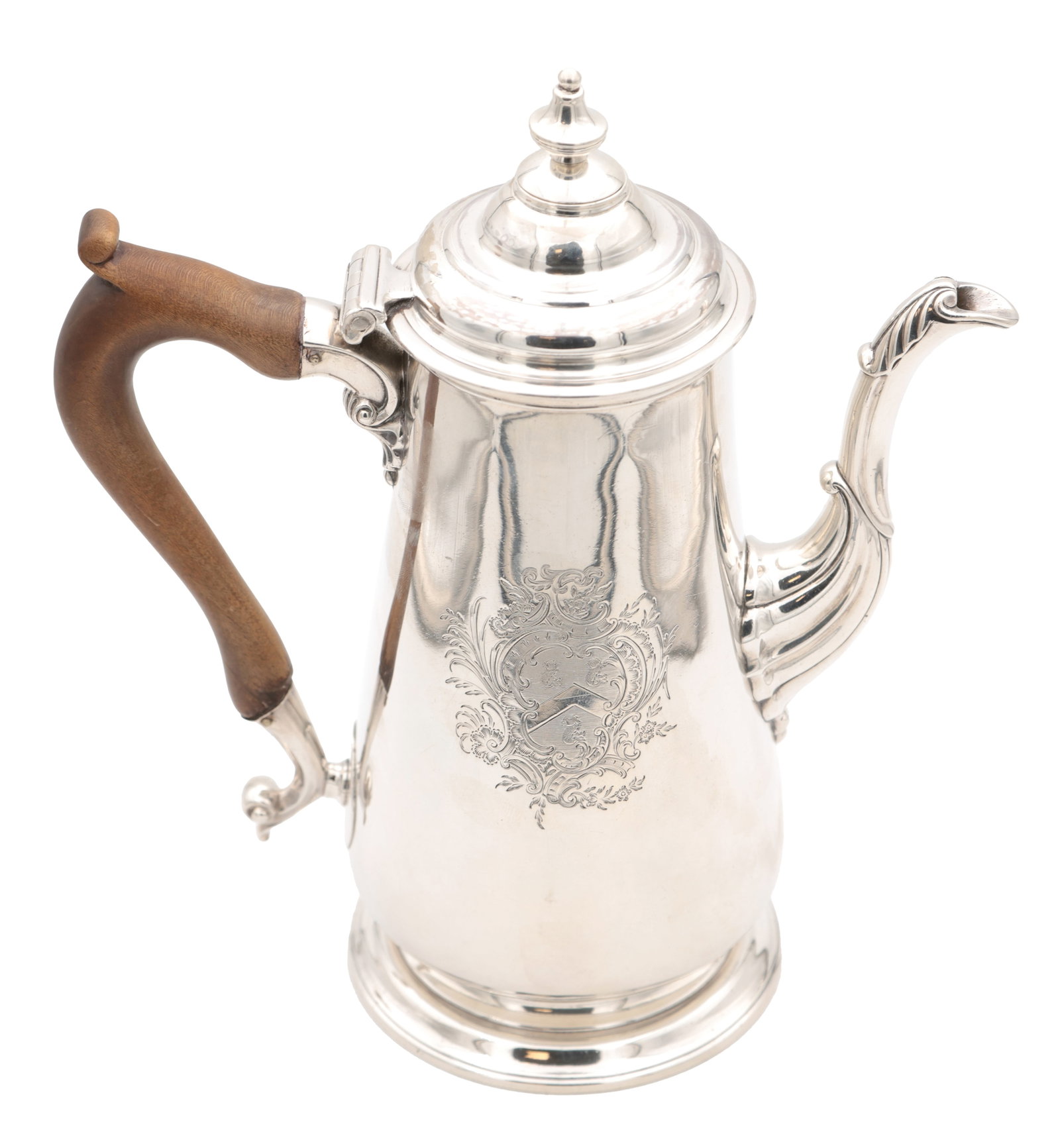 A GEORGE II PROVINCIAL SILVER COFFEE POT BY JOHN LANGLANDS, NEWCASTLE: A GEORGE II PROVINCIAL SILVER COFFEE POT BY JOHN LANGLANDS, NEWCASTLE of tapering baluster form with domed hinged cover and knop finial, wooden scroll handle and leaf-capped swan-neck spout, engraved 