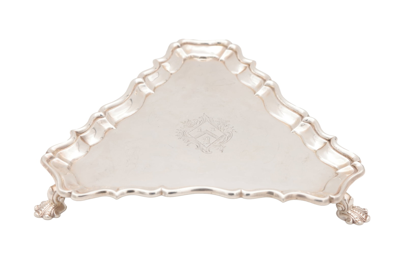 A GEORGE II ENGLISH SILVER TRIANGULAR SALVER BY HUGH MILLS, LONDON (1 of 6)