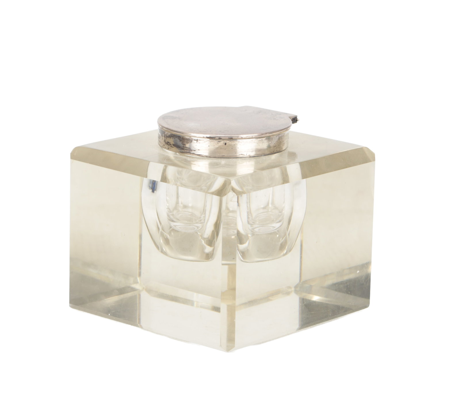 A VICTORIAN ENGLISH SILVER MOUNTED GLASS INKWELL (1 of 5)