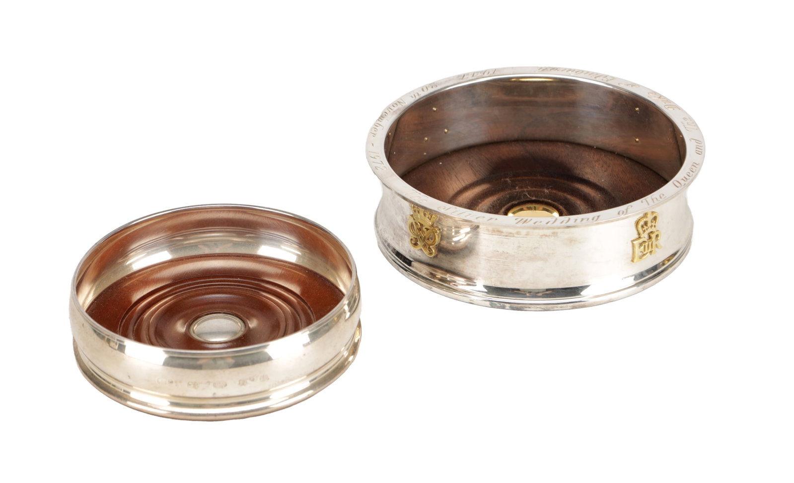 A COLLECTION OF THREE ENGLISH SILVER AND MAHOGANY BOTTLE COASTERS (1 of 7)