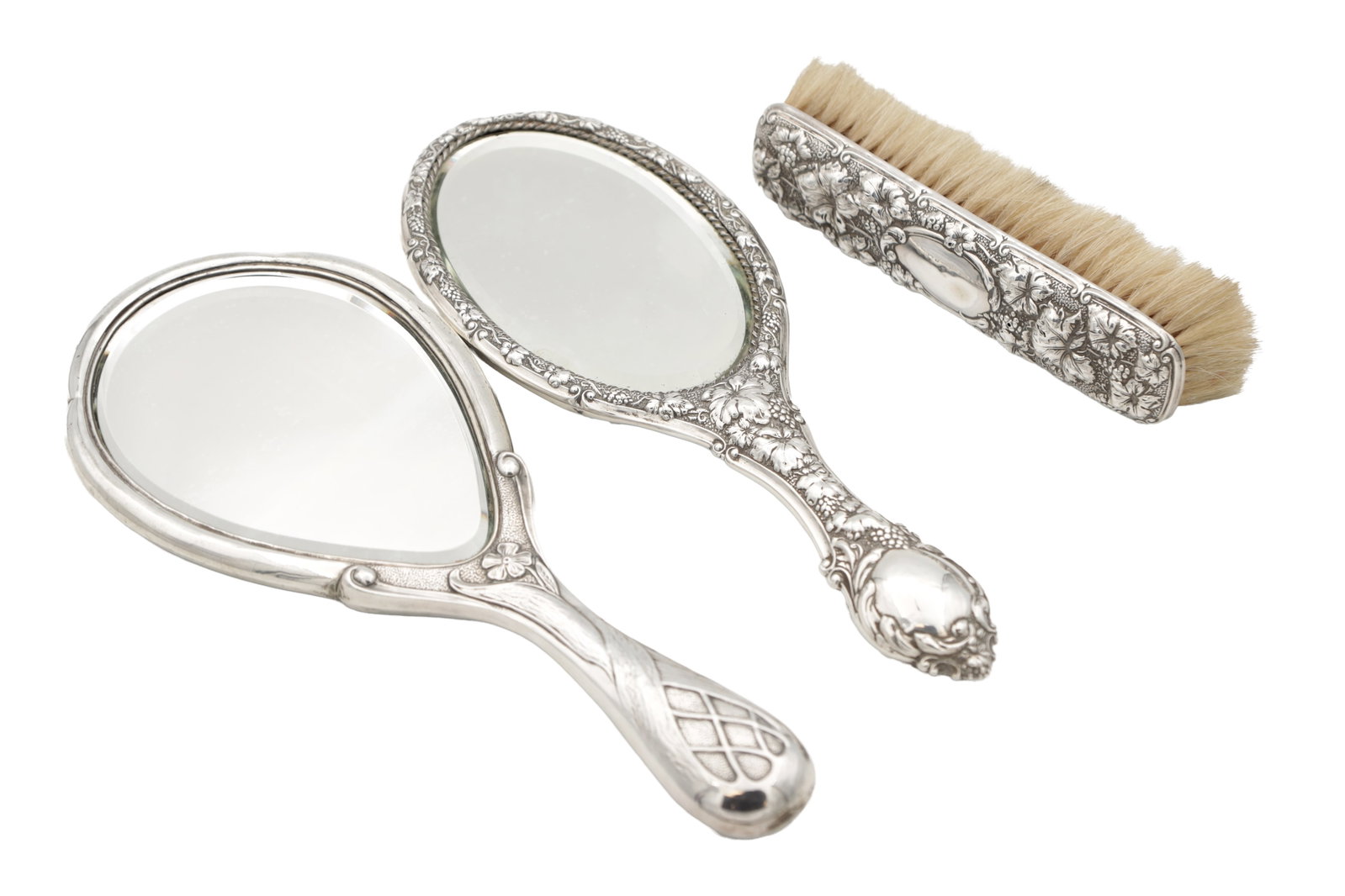 TWO EDWARDIAN ENGLISH SILVER HAND MIRRORS AND A CLOTHES BRUSH (1 of 8)