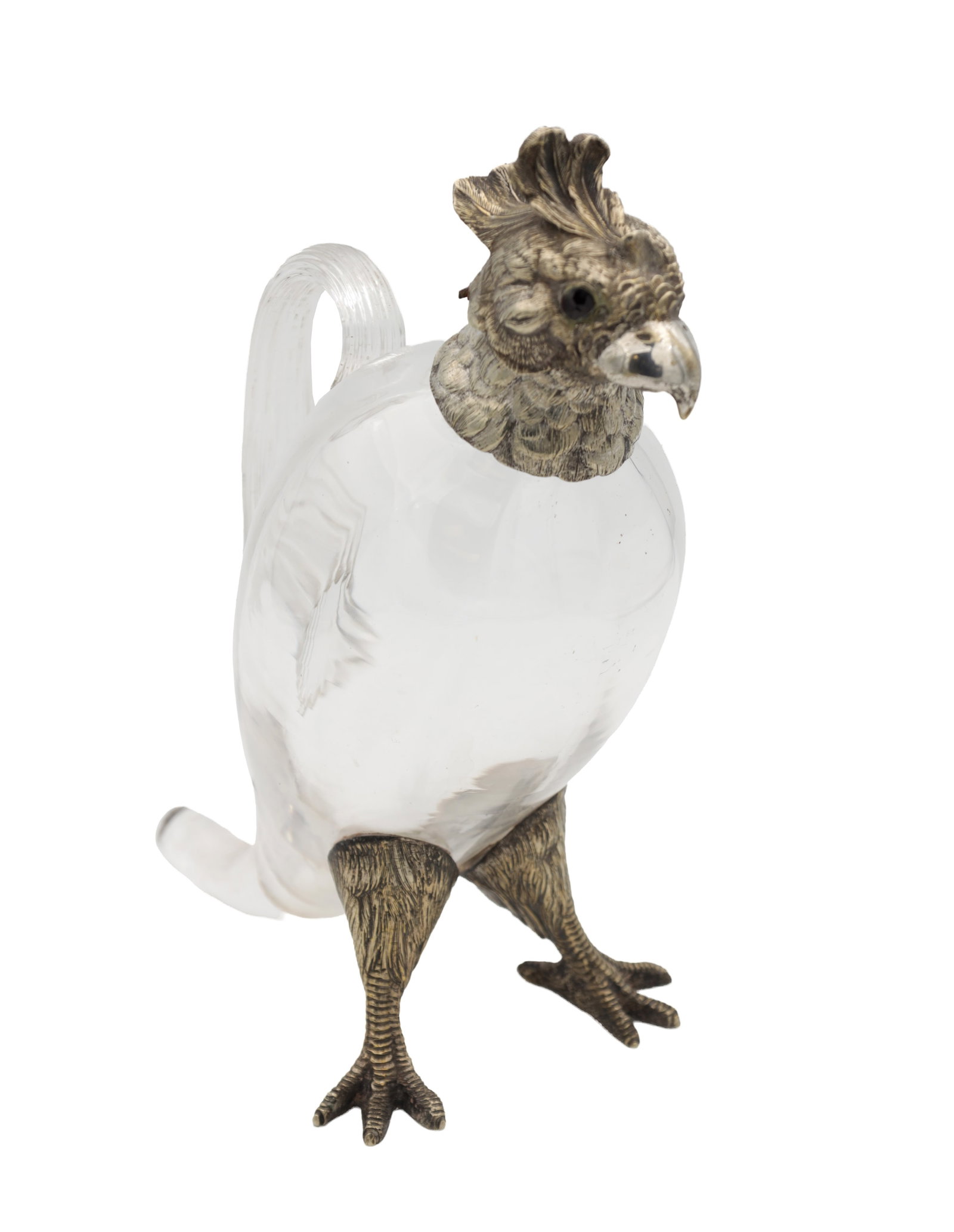 A SILVER MOUNTED GLASS DECANTER JUG IN THE FORM OF A COCKATOO: A SILVER MOUNTED GLASS DECANTER JUG IN THE FORM OF A COCKATOO the silver head forming a hinged cover with crested detail and beak, the clear glass body with applied loop handle, raised on silver legs