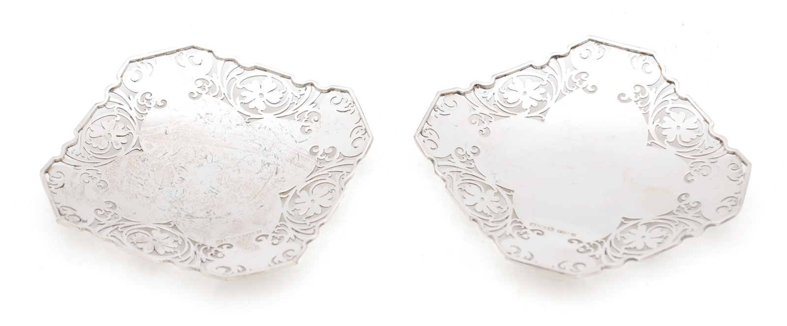 A PAIR OF 1931 SHEFFIELD ENGLISH SILVER PIN TRAYS WITH ENGRAVED SCROLL BORDERS (1 of 6)