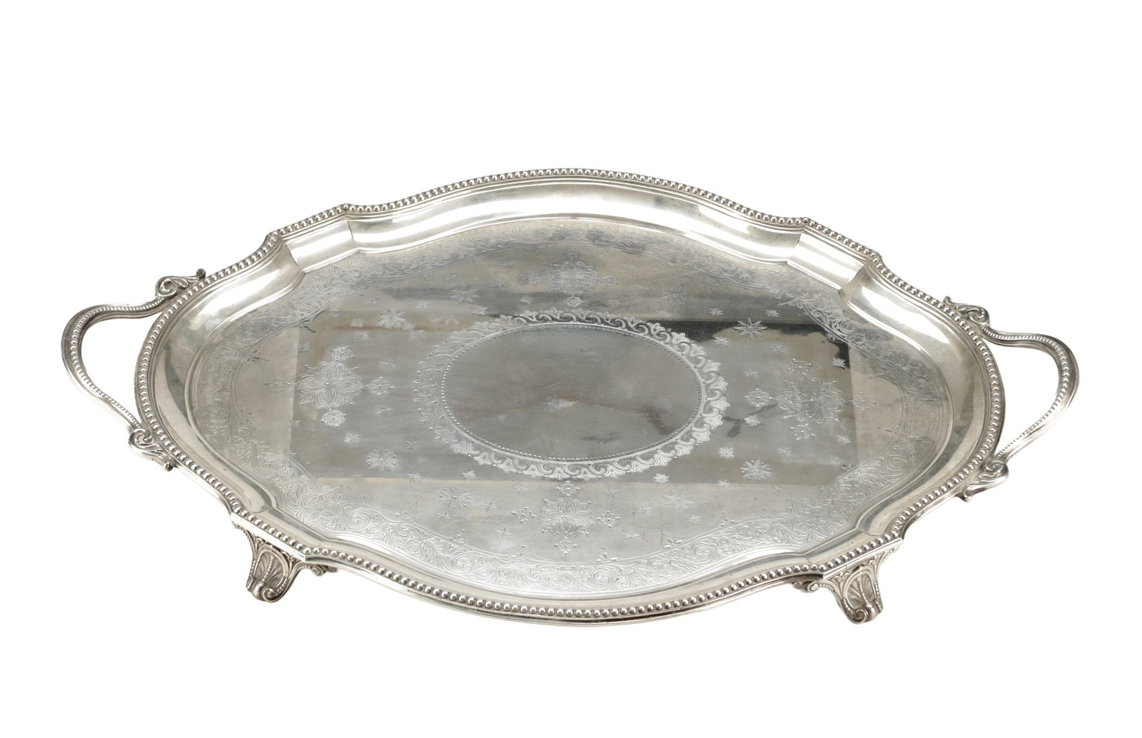 A LARGE VICTORIAN ENGLISH SILVER TWO-HANDLED TRAY (1 of 10)
