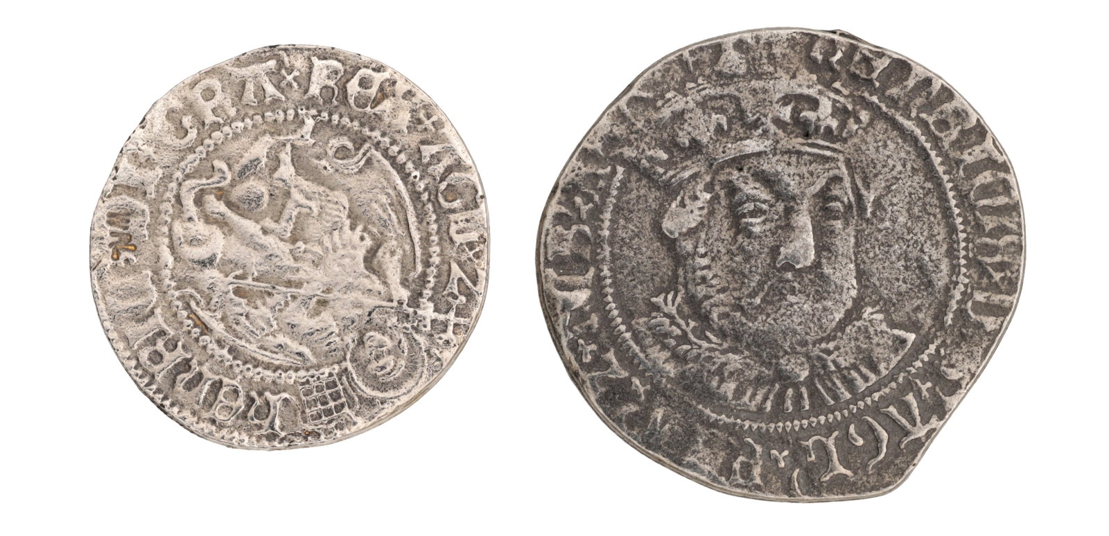 TWO ENGLISH HAMMERED SILVER COINS: TWO ENGLISH HAMMERED SILVER COINS each with beaded legend, the larger with a crowned facing bust, the smaller with armorial devices, both on irregular flans.
