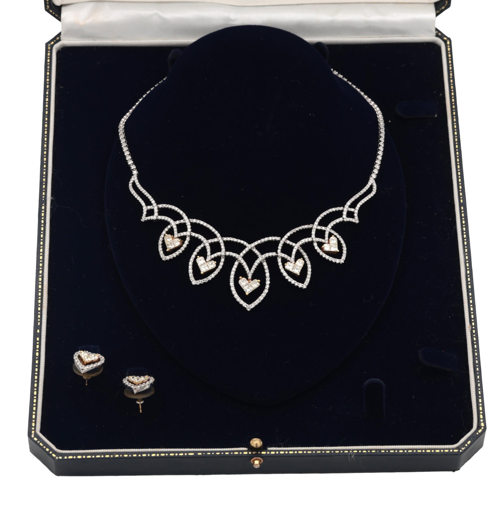 AN 18CT YELLOW AND WHITE GOLD DIAMOND HEART MOTIF NECKLACE AND EARRING SET (1 of 9)