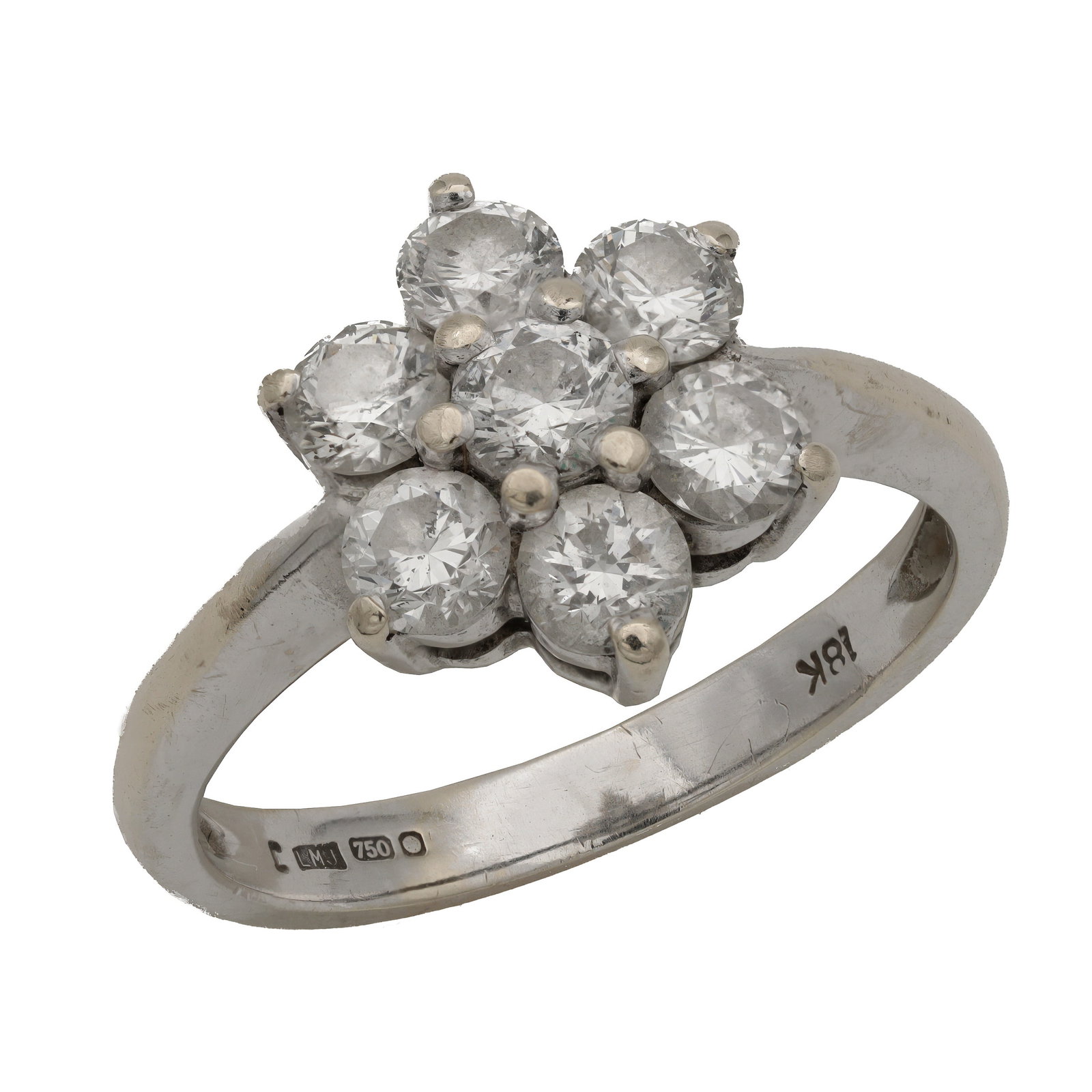 AN 18CT WHITE GOLD DIAMOND CLUSTER RING: AN 18CT WHITE GOLD DIAMOND CLUSTER RING of flowerhead design claw-set with seven brilliant-cut diamonds, hallmarked, total weight app. 3.2g, ring size K. (Ring size K.)