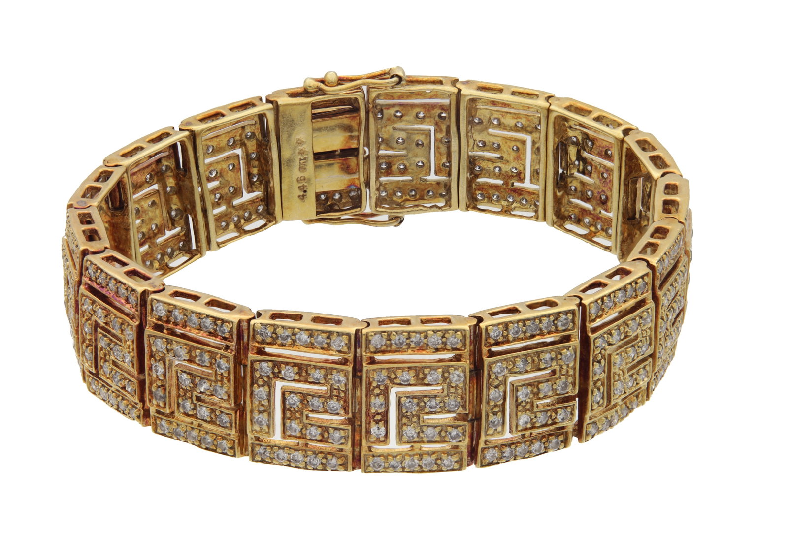 A 9CT YELLOW GOLD AND DIAMOND GEOMETRIC BRACELET: A 9CT YELLOW GOLD AND DIAMOND GEOMETRIC BRACELET of articulated square links pav?-set with diamonds, with box clasp and safety catch. Total app. weight 39.2g. (18cm long)
