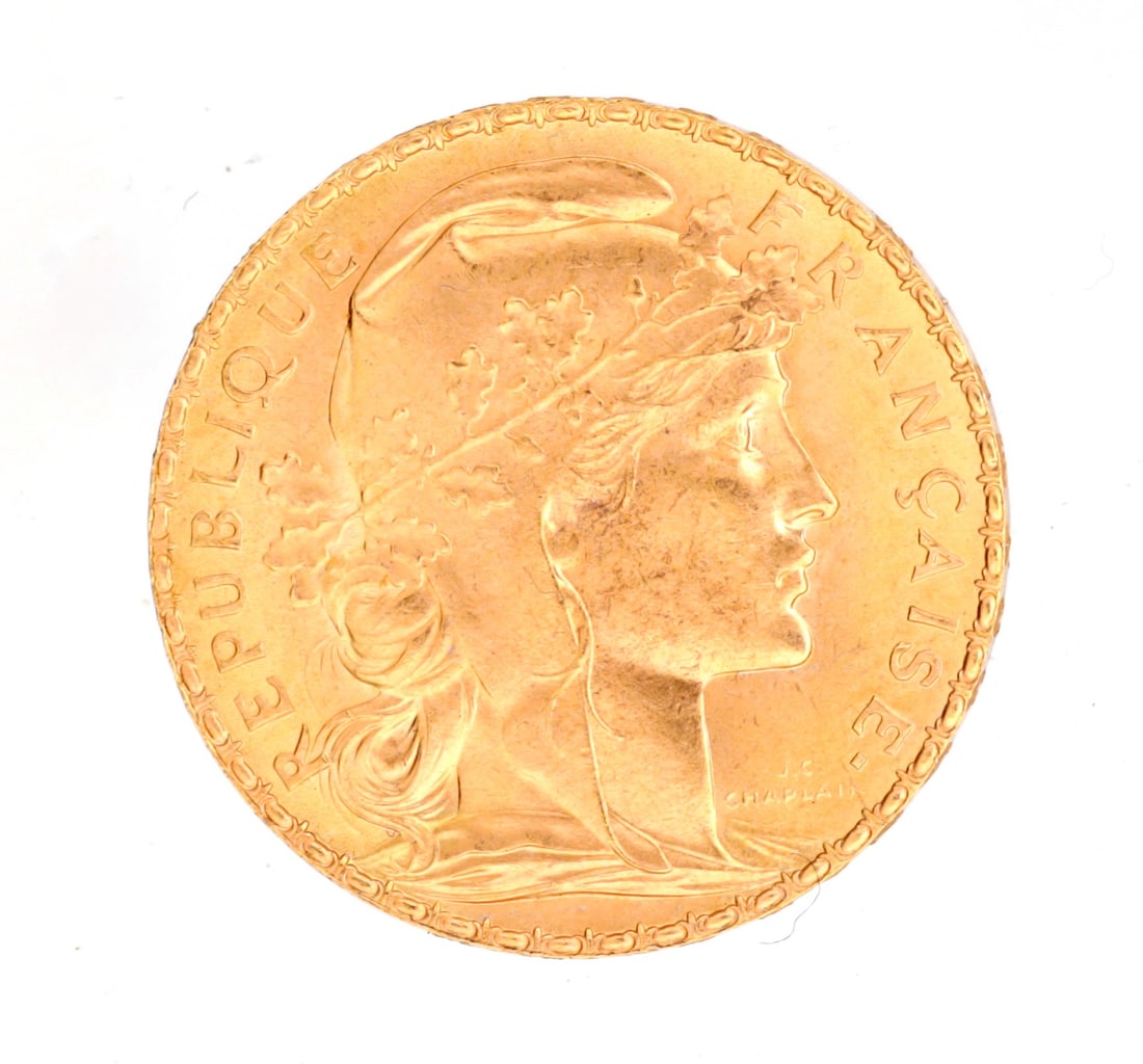 A 1909 FRENCH GOLD 20 FRANCS COIN (1 of 2)