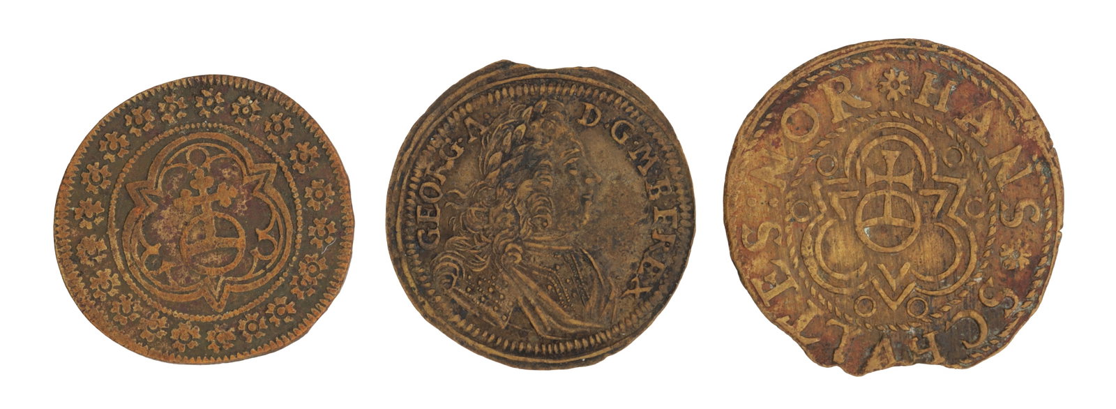 A COLLECTION OF THREE NUREMBERG COINS: A COLLECTION OF THREE NUREMBERG COINS including one Nuremberg Rechenpfennig 1553-1584, a Nuremberg token 16th/17th century and another coin. (25mm diameter and smaller)