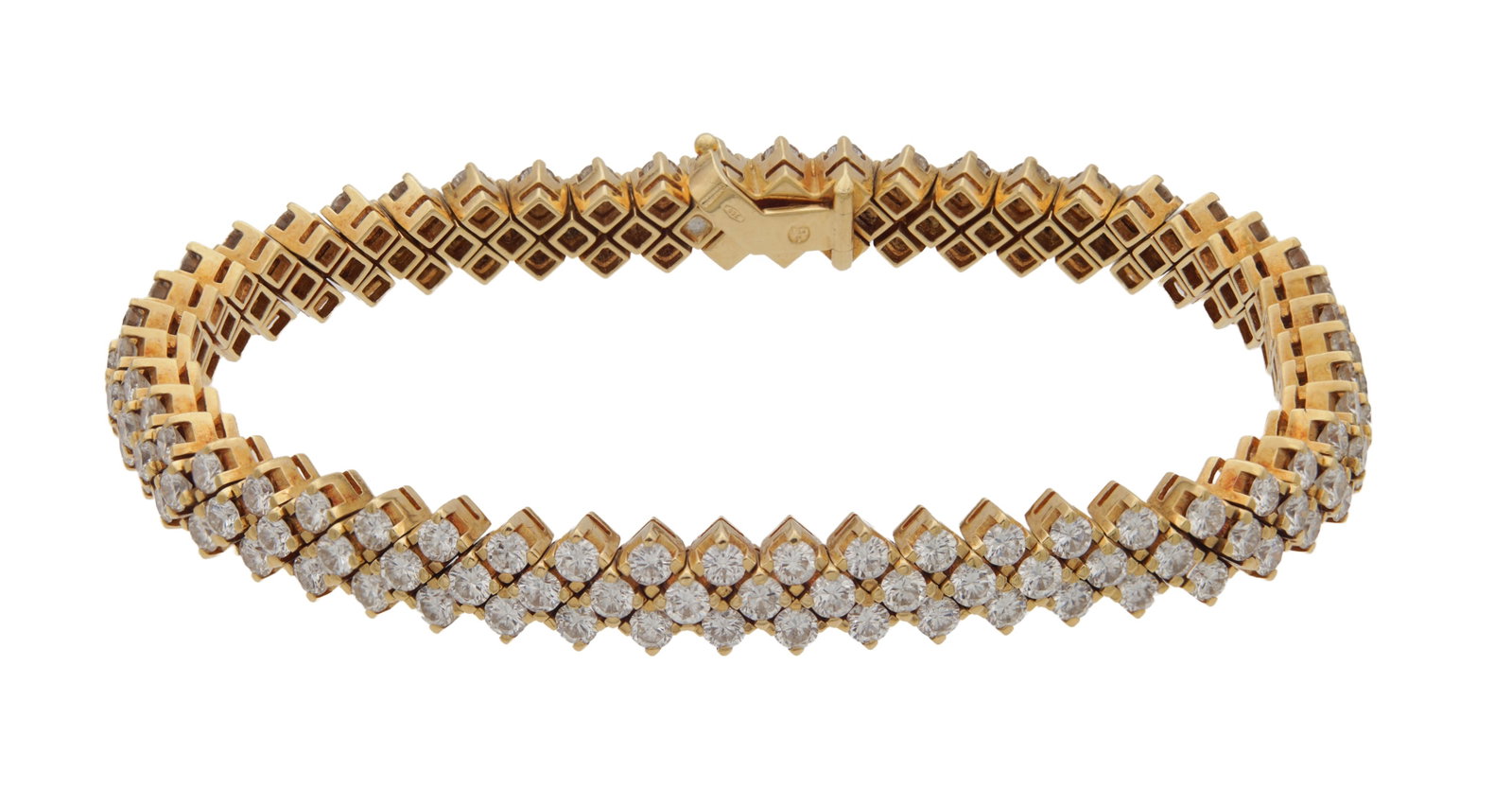 AN 18CT YELLOW GOLD AND DIAMOND DOUBLE ROW BRACELET: AN 18CT YELLOW GOLD AND DIAMOND DOUBLE ROW BRACELET set throughout with 150 round brilliant-cut diamonds app. 4.5 carats to articulated links with a box clasp, hallmarked 750. (18.5cm long)