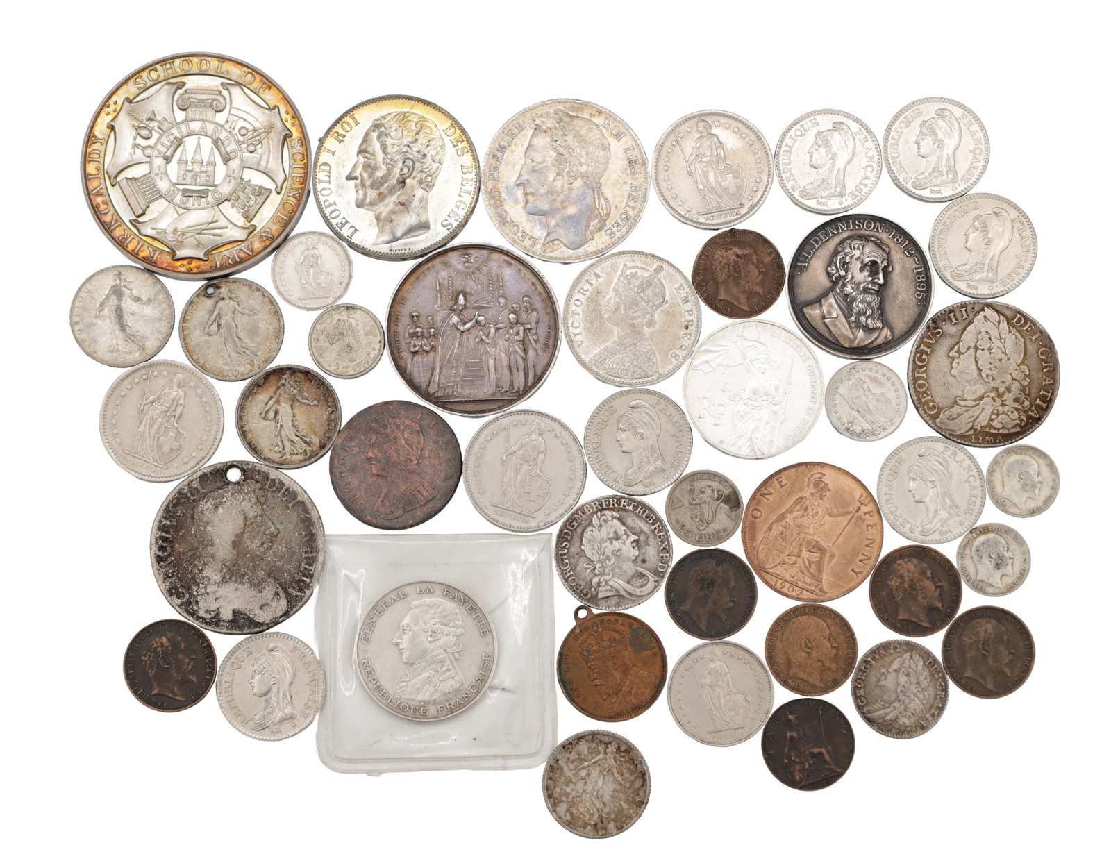 A COLLECTION OF 19TH AND 20TH CENTURY SILVER AND BASE METAL COINS AND MEDALS (1 of 2)