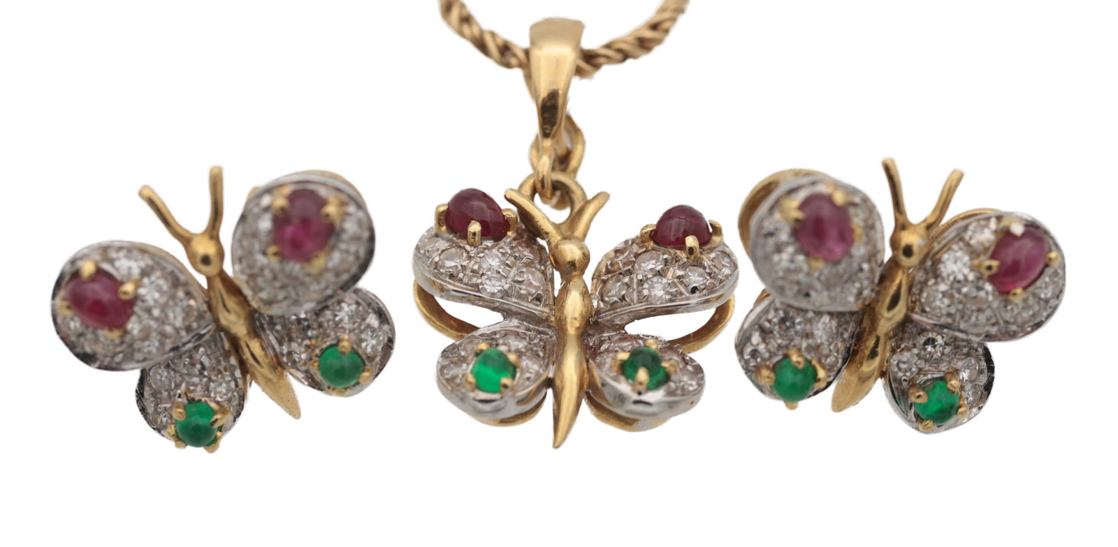 AN 18CT GOLD RUBY, EMERALD AND DIAMOND BUTTERFLY PENDANT AND EARRINGS (1 of 3)