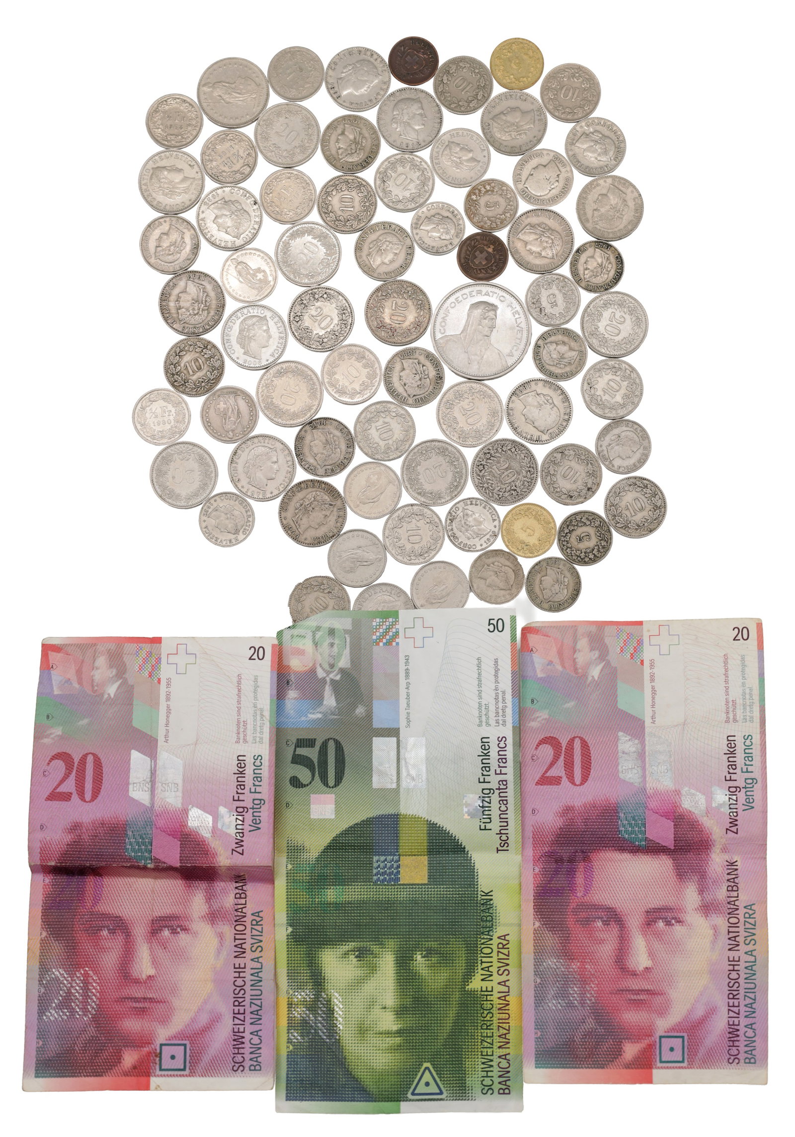 A LARGE COLLECTION OF SWISS COINS AND NOTES (1 of 1)