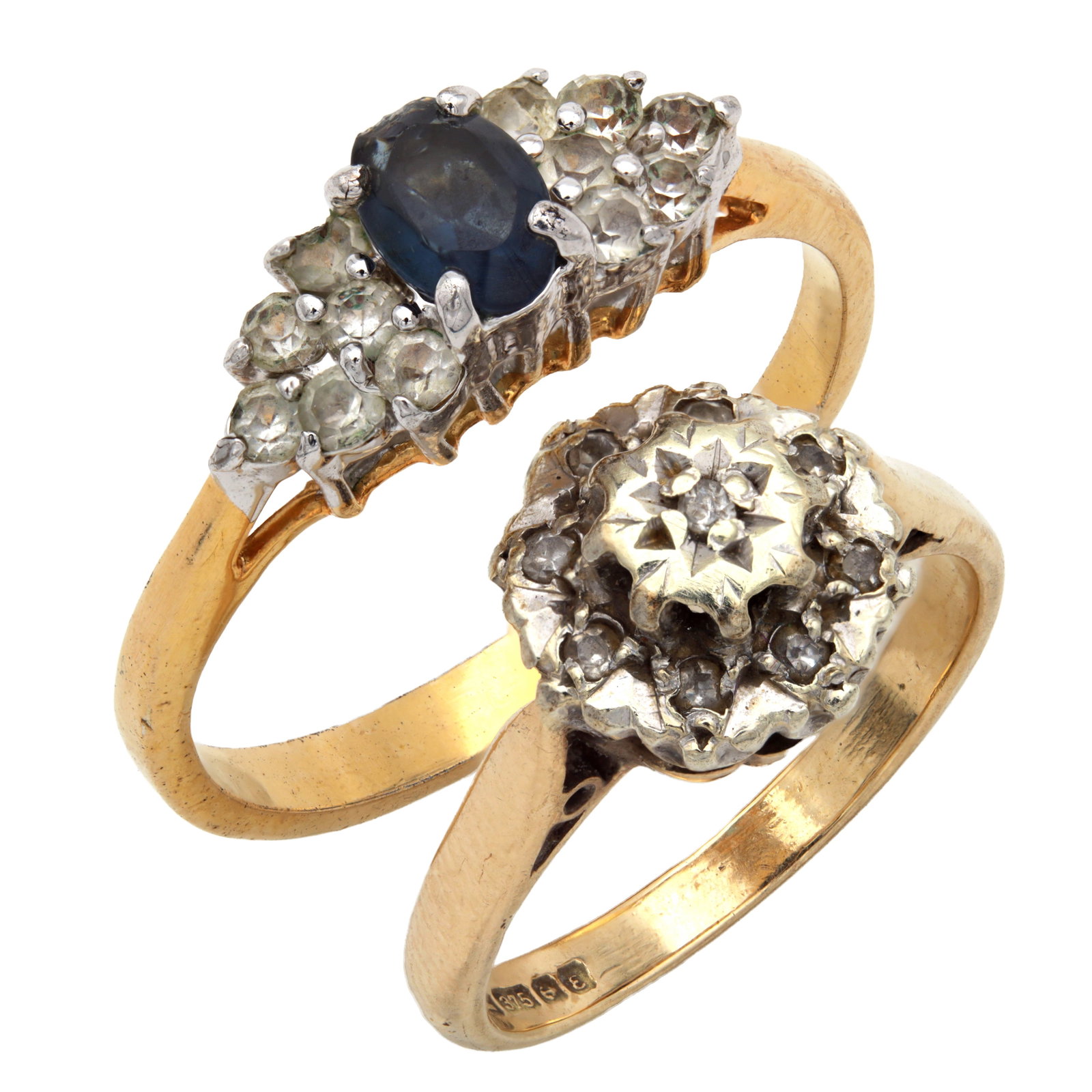 TWO 14CT AND 9CT GOLD SAPPHIRE AND DIAMOND RINGS: TWO 14CT AND 9CT GOLD SAPPHIRE AND DIAMOND RINGS the 14ct ring set with an oval sapphire within a clustered head in white metal mounts, app. 2.1g, ring size R1/2; the 9ct ring a diamond cluster with s