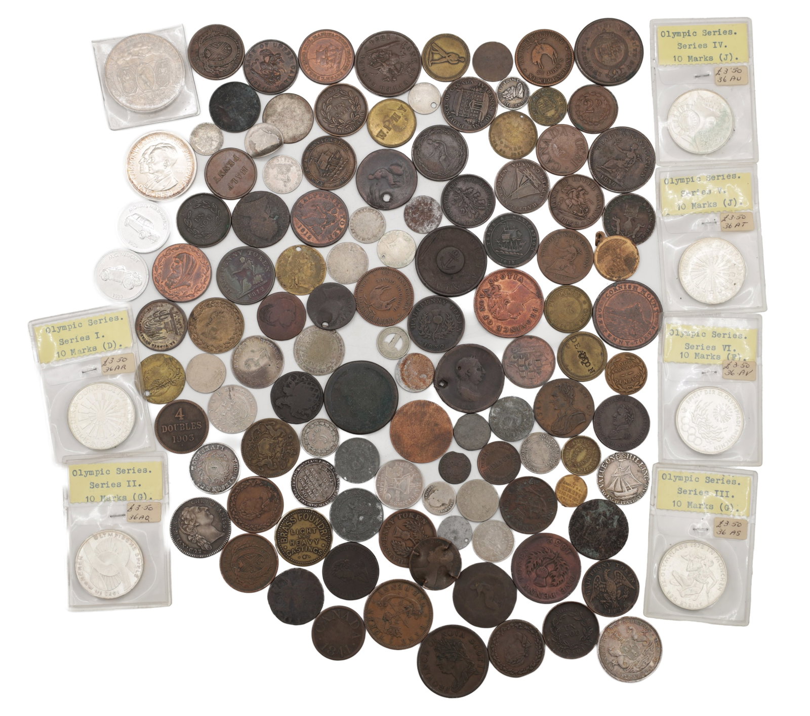 A COLLECTION OF SILVER AND BASE METAL TOKENS AND COINS: A COLLECTION OF SILVER AND BASE METAL TOKENS AND COINS comprising British and world issues of the 18th and 19th centuries with later examples, including provincial copper tokens, small silver denomina