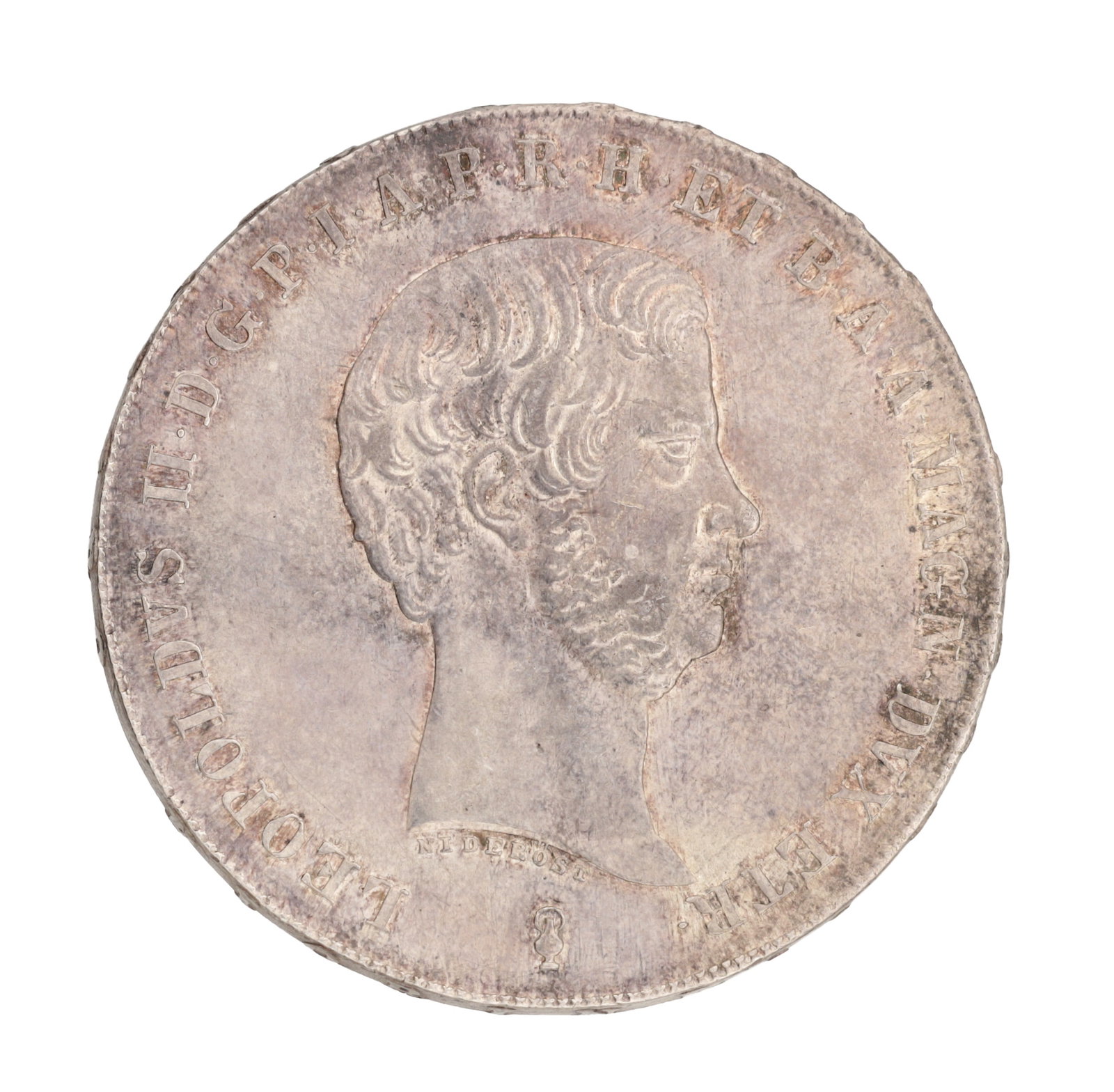 AN 1858 TUSCAN SILVER 4 FIORINI OF LEOPOLD II: AN 1858 TUSCAN SILVER 4 FIORINI OF LEOPOLD II with obverse bare head right and reverse crowned shield of arms; KM C75b; Dav. 160.