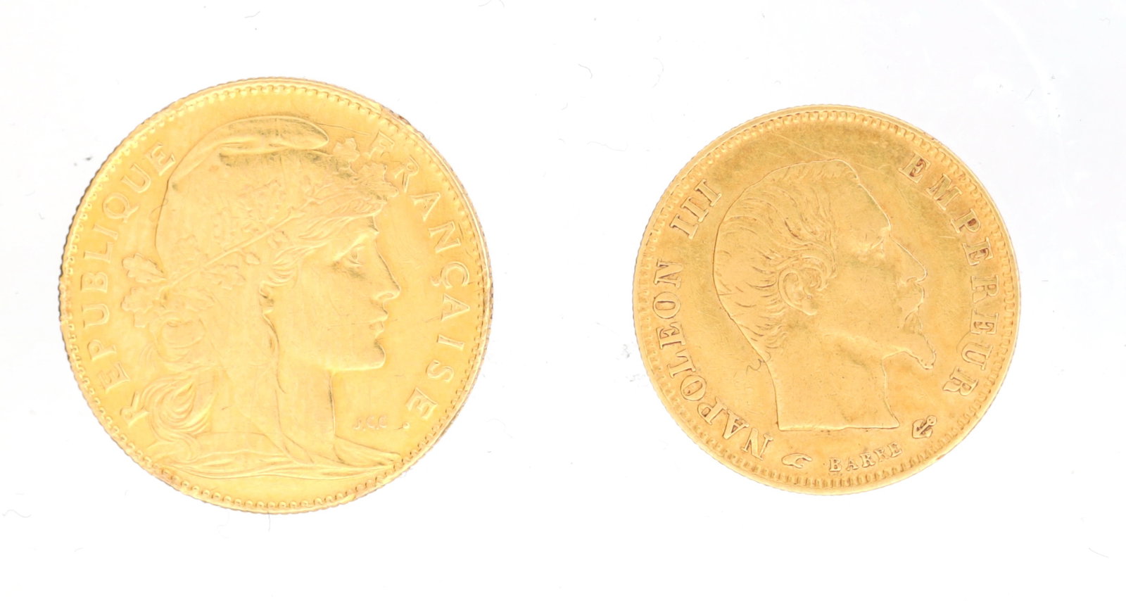 AN 1856 AND 1912 FRENCH GOLD COINS 10 FRANC AND 5 FRANC: AN 1856 AND 1912 FRENCH GOLD COINS 10 FRANC AND 5 FRANC comprising a Napoleon III 5 Franc piece dated 1856 and a Marianne head 10 Franc piece dated 1912, total weight app. 4.8g