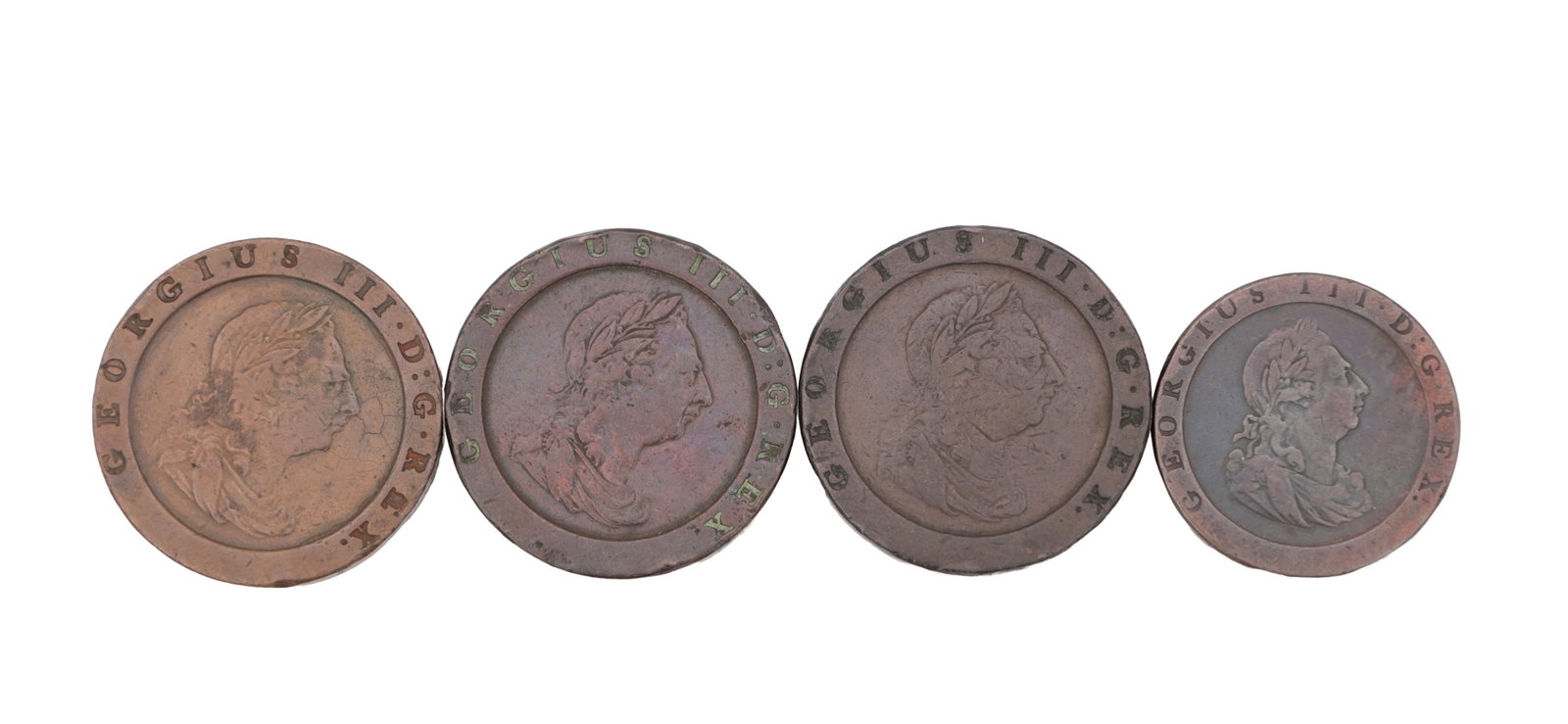 A COLLECTION OF FOUR 1797 GEORGE III BRITISH COPPER 'CARTWHEEL' COINS (1 of 2)
