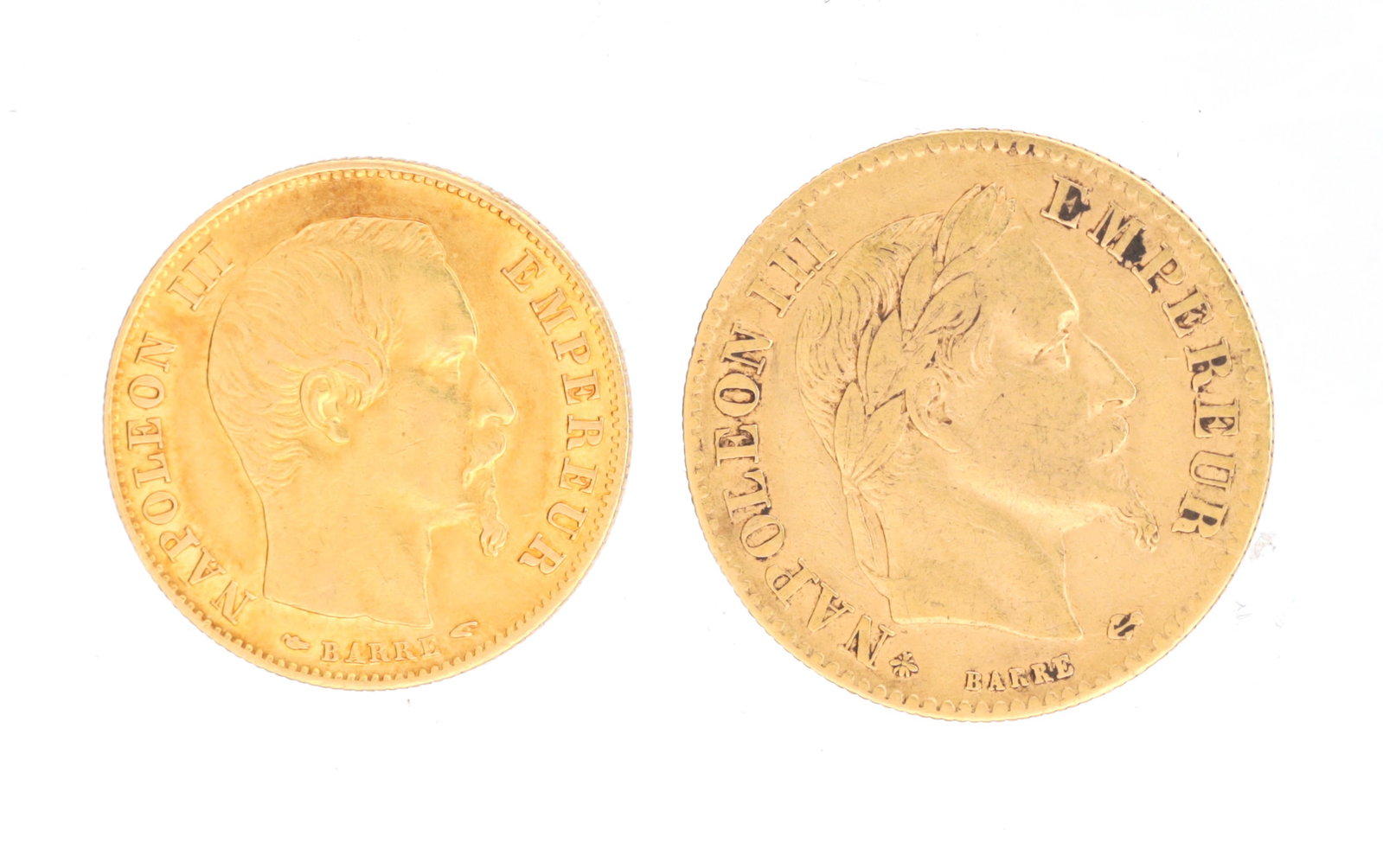 TWO MID 19TH CENTURY FRENCH GOLD 10 FRANC COINS NAPOLEON III: TWO MID 19TH CENTURY FRENCH GOLD 10 FRANC COINS NAPOLEON III comprising examples dated 1862 and 1855 bearing the portrait of Napoleon III with BARRE signature; total app. weight 6.4 grams.