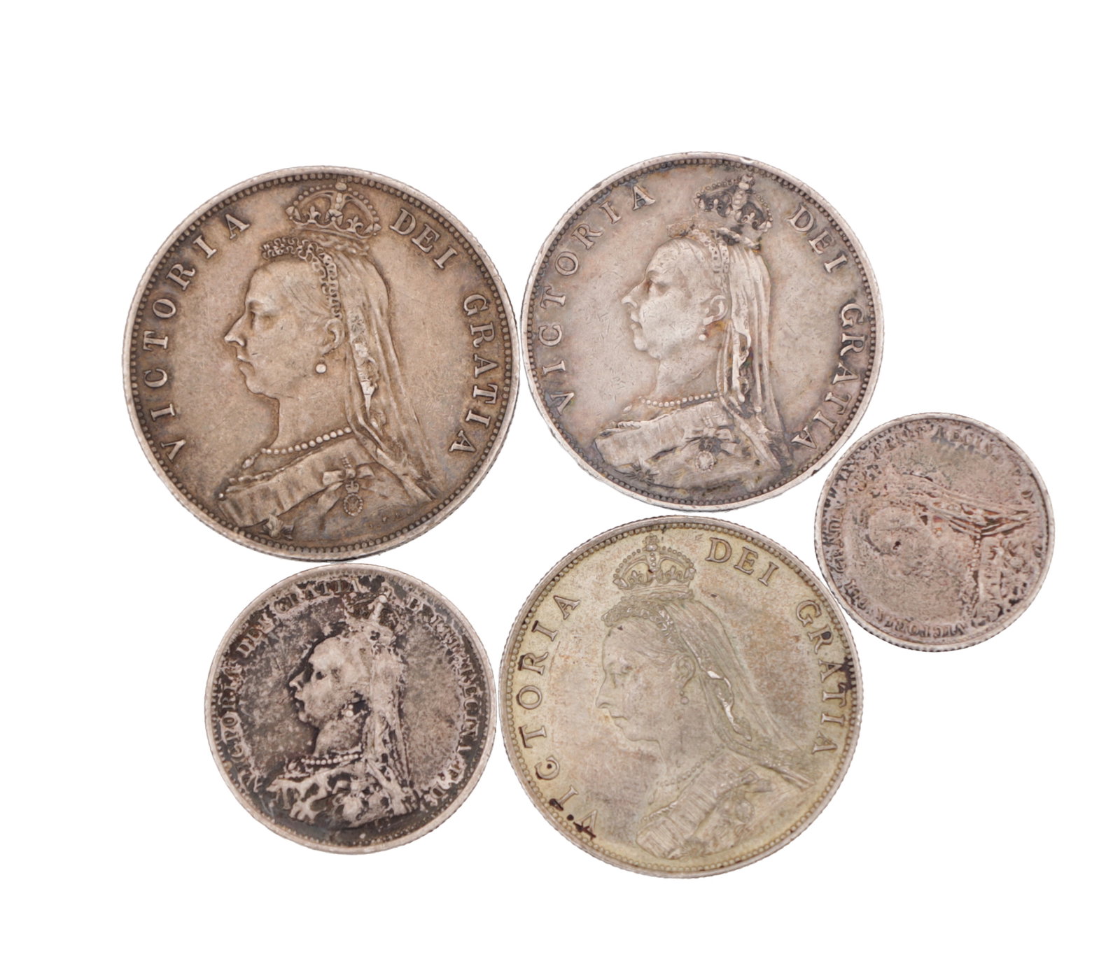 A COLLECTION OF FIVE 1887 ENGLISH SILVER QUEEN VICTORIA COINS (1 of 2)