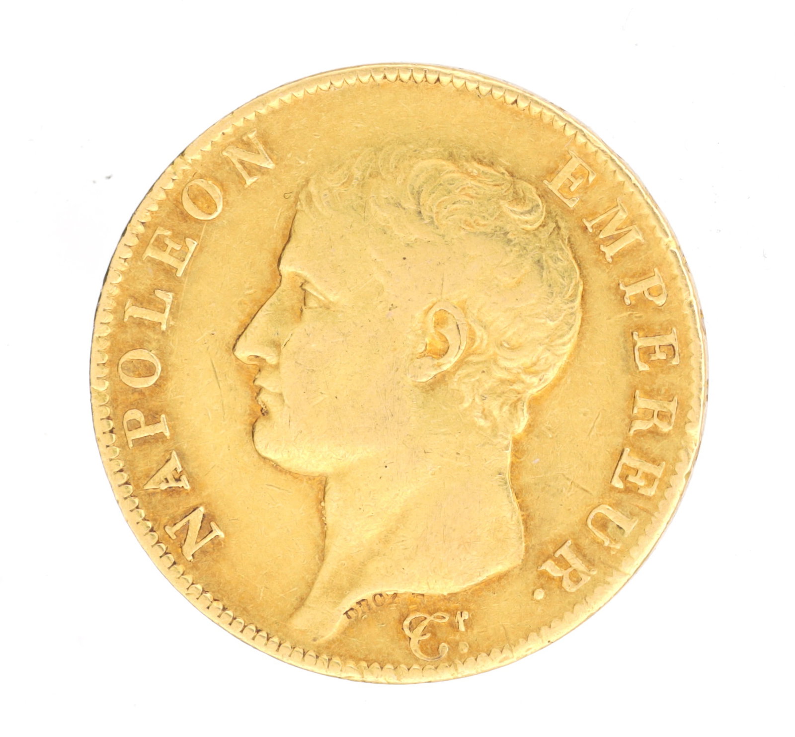 AN EARLY 19TH CENTURY FRENCH GOLD 40 FRANCS COIN OF NAPOLEON I: AN EARLY 19TH CENTURY FRENCH GOLD 40 FRANCS COIN OF NAPOLEON I with left-facing bust and legend NAPOLEON EMPEREUR, total weight app. 13g. (total weight approx. 13g)
