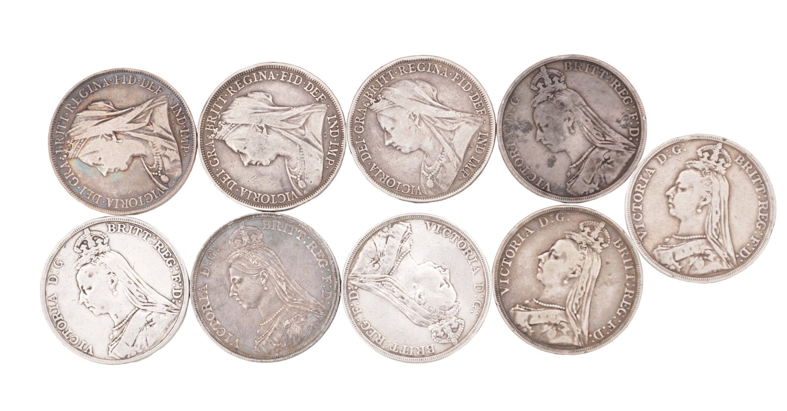 A COLLECTION OF NINE QUEEN VICTORIA SILVER DOUBLE FLORIN COINS: A COLLECTION OF NINE QUEEN VICTORIA SILVER DOUBLE FLORIN COINS comprising Jubilee Head examples dated 1887, 1889, 1890 (2), 1891, 1892, 1893, 1897 and 1900, each with crowned portrait to the obverse a