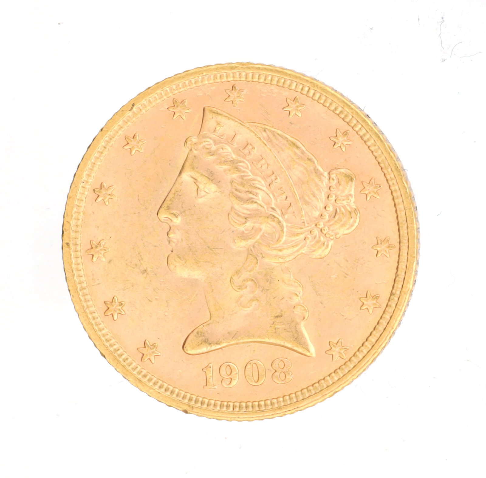 AN 1908 AMERICAN GOLD FIVE DOLLAR COIN (1 of 2)